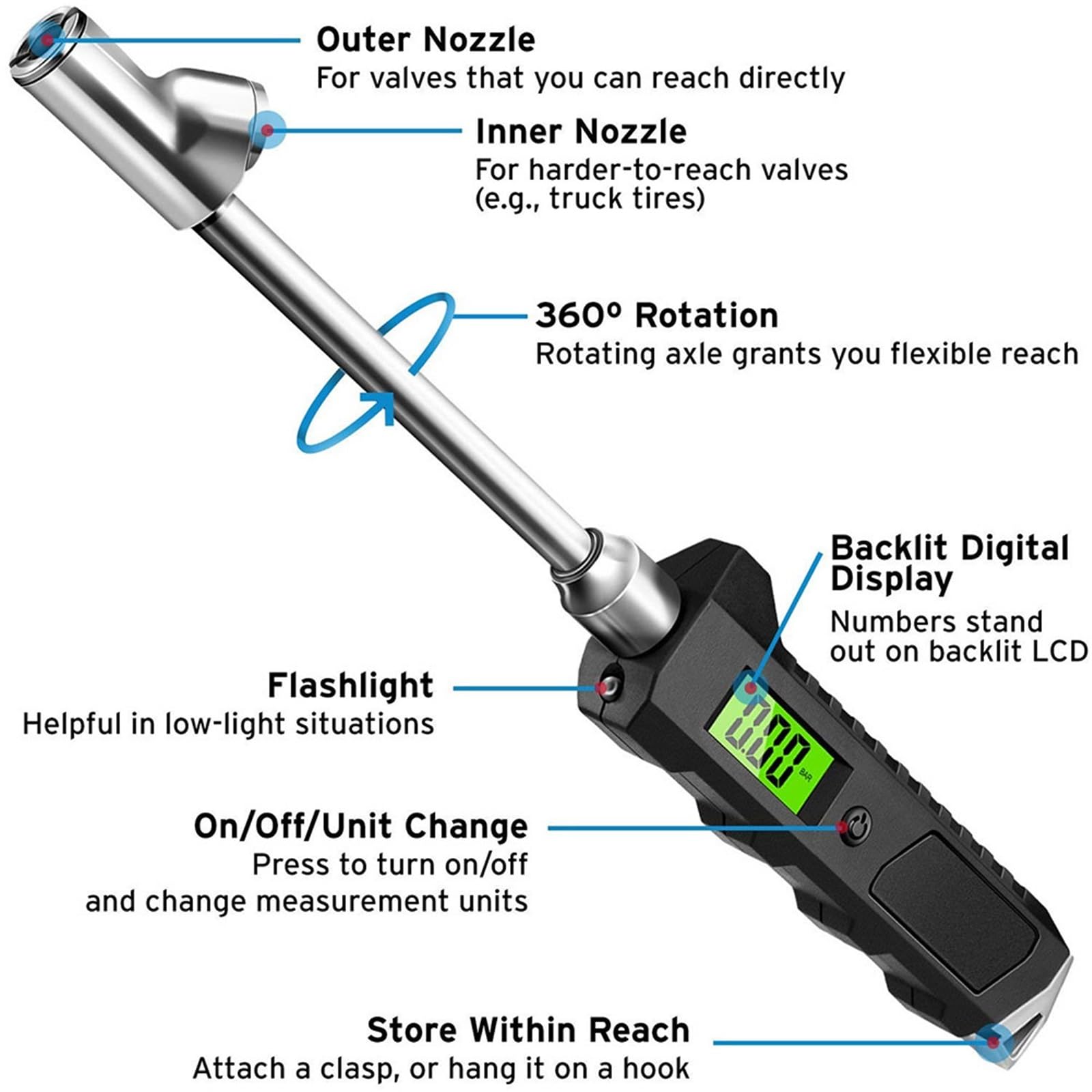 Reset del sensore Manometro Digitale per la Pressione dei Pneumatici 230 PSI a Doppia Testa in Acciaio Inossidabile per Camion LCD, Torcia elettrica, Tester per Veicoli | 3pcs