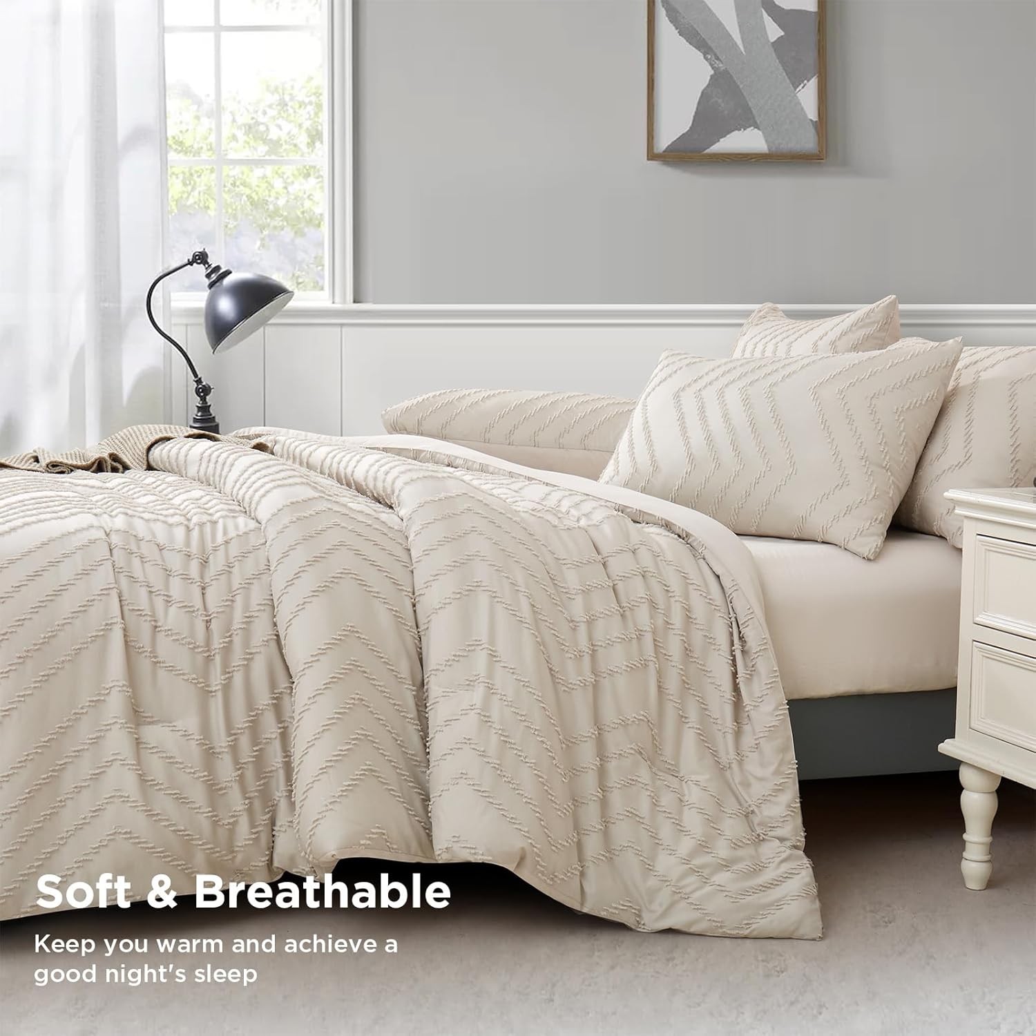 Tufted Boho King Size Comforter Set, Beige Bohemian Farmhouse Bedding Set, 3 Pieces All Season Soft Microfiber Comforter & Pillow Cases for Women Girls Teens
