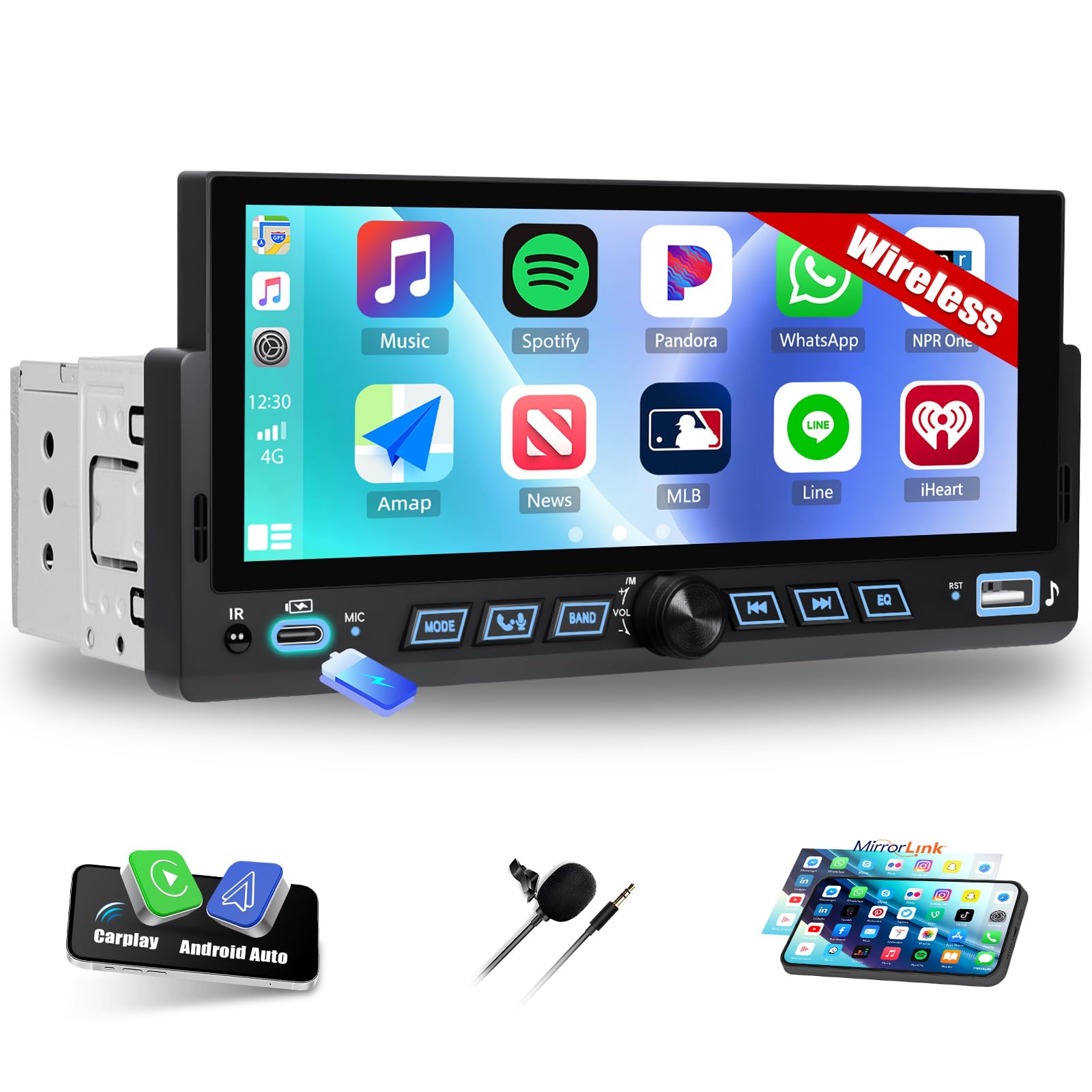 CAMECHO Autoradio 1 Din, Carplay Voiture Android Auto sans Fil, Poste Radio Bluetooth avec Écran Tactile LCD 6.86 Pouces Écran HD avec Lien Miroir Contrôle Au Volant + Connecteurs USB Type-C