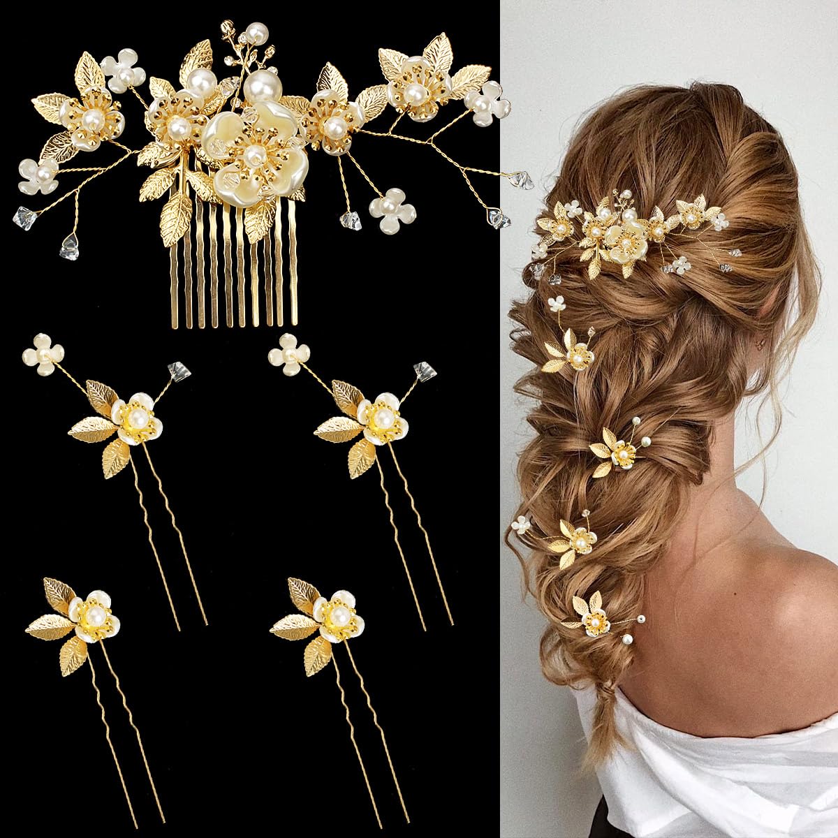 Amazon.com : 5 Pieces Gold Leaf Hair Pins Flower Pearl Hair Forks