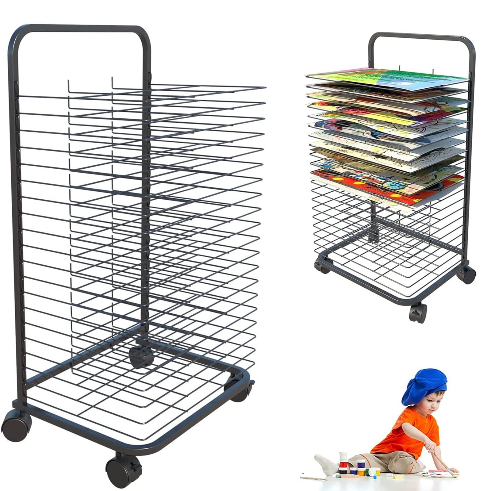 JYHHGDS Mobile Art Drying Rack for Classroom Paint Drying Rack Art Flexible Shelves Metal Artwork Storage Display Rack Art Rack Power Coated with Wheels for Art Studios, Art Club-35 Shelves