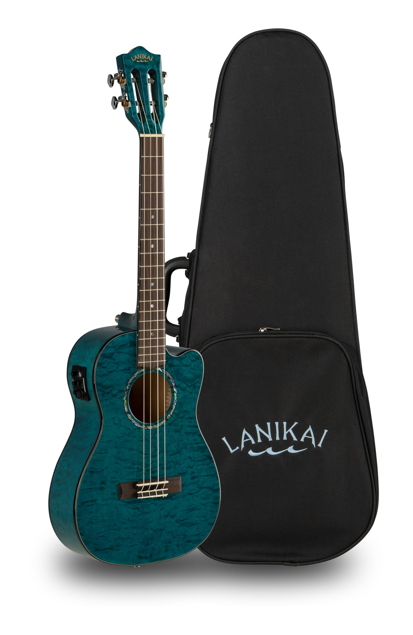 Lanikai Quilted Maple Blue Stain Baritone A/E Ukulele with Foam Case (QM-BLCEB) - Image 4