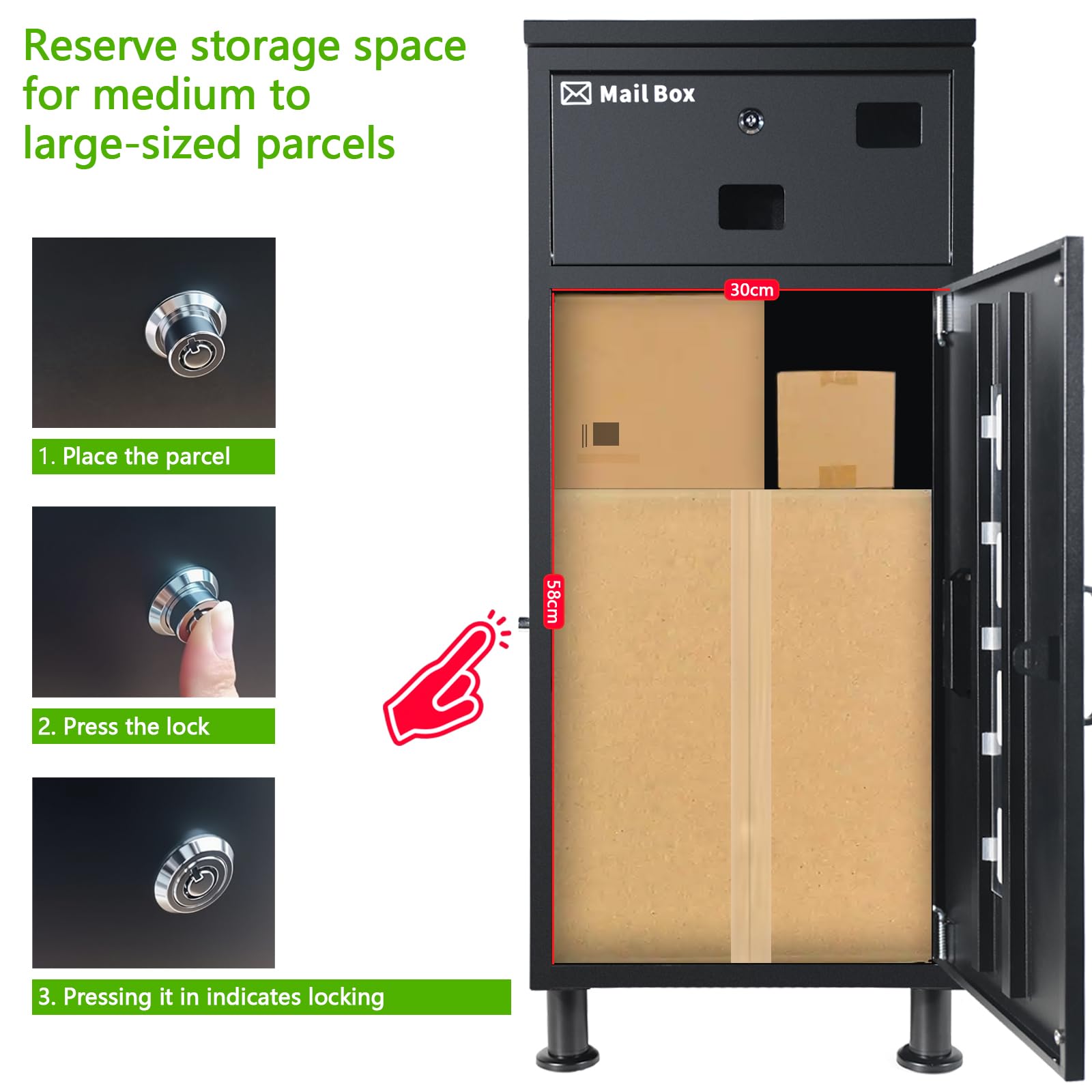 buzon+para+paquetes850x400x400mmBloqueable, antirrobo, Base Ajustable, Resistente a la Lluvia y a la oxidación.Servicios de Entrega de Correo y paquetería a Domicilio