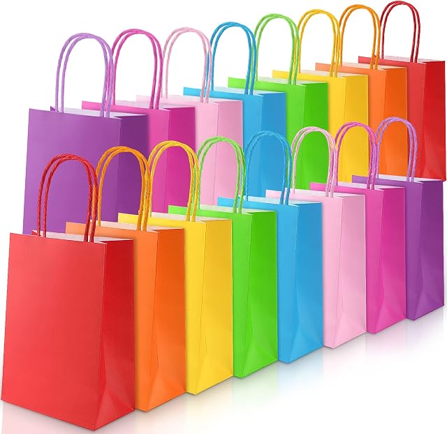 Smarpau Paper Party Bags, 16 PCS Colored Paper Bags with Handles, Sweet White Kraft Party Gift Bags, Gift Bags Multipack for Kids Party Celebrations, Baby Shower, Birthday, Halloween, Christmas (S)