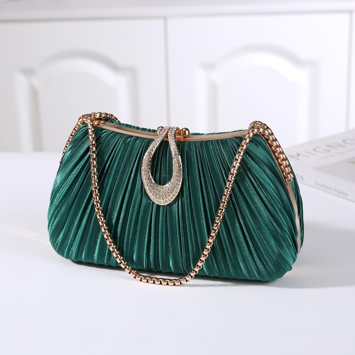 Dreubea Elegant Evening Bag with Crystal Lock & Dual Chains - Soft Clutch for Women