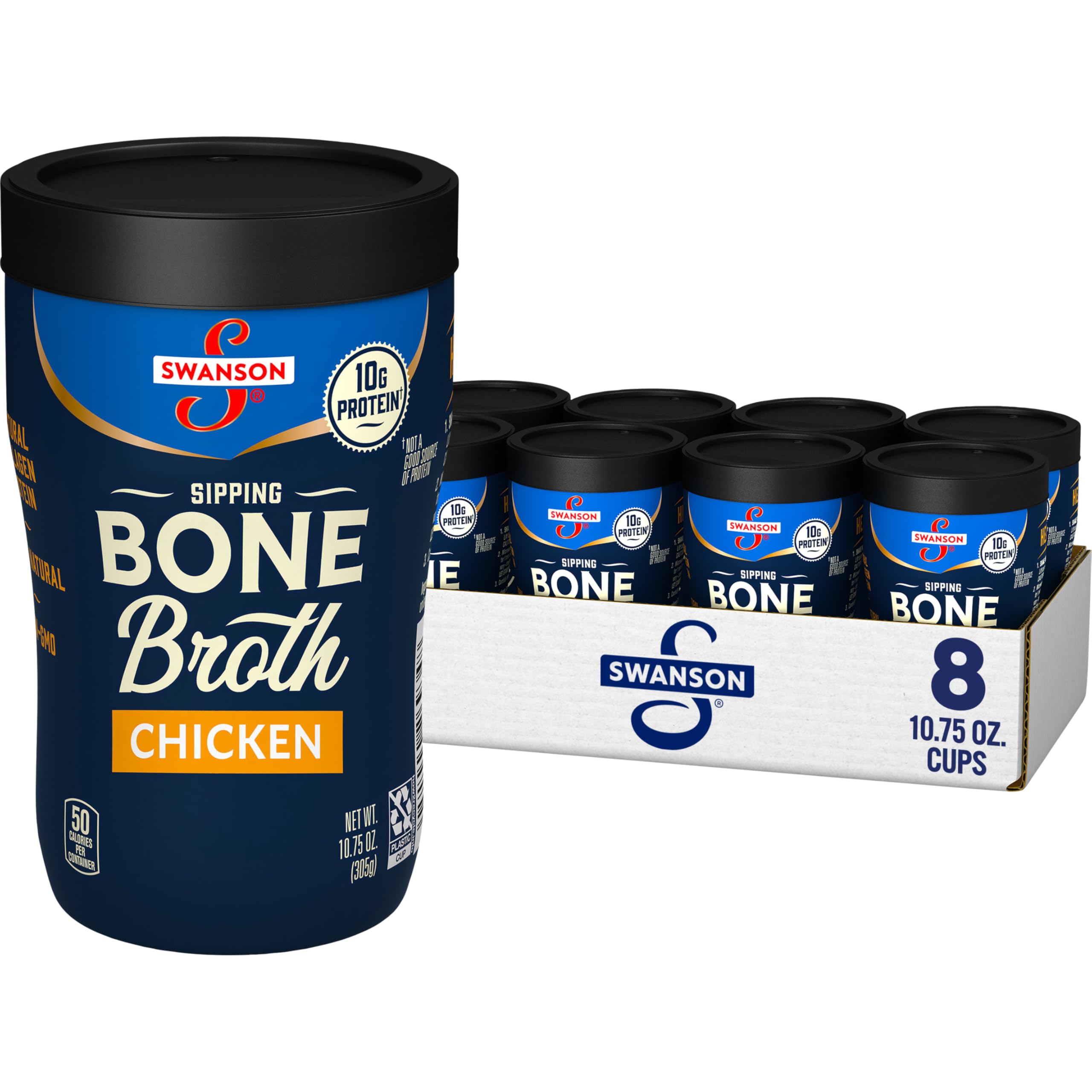 Swanson Sipping Chicken Bone Broth, 10.75 oz Microwavable Cup (8 Pack)