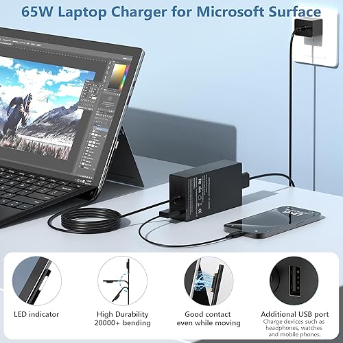 Miniatura 2 de Cargador Surface Pro de 65 W compatible con Microsoft Surface Pro 9, 8, 7+, 7, 6, 5, 4, 3, X, 10, Surface Book 3, 2, 1, Surface Go 3, 2, Surface