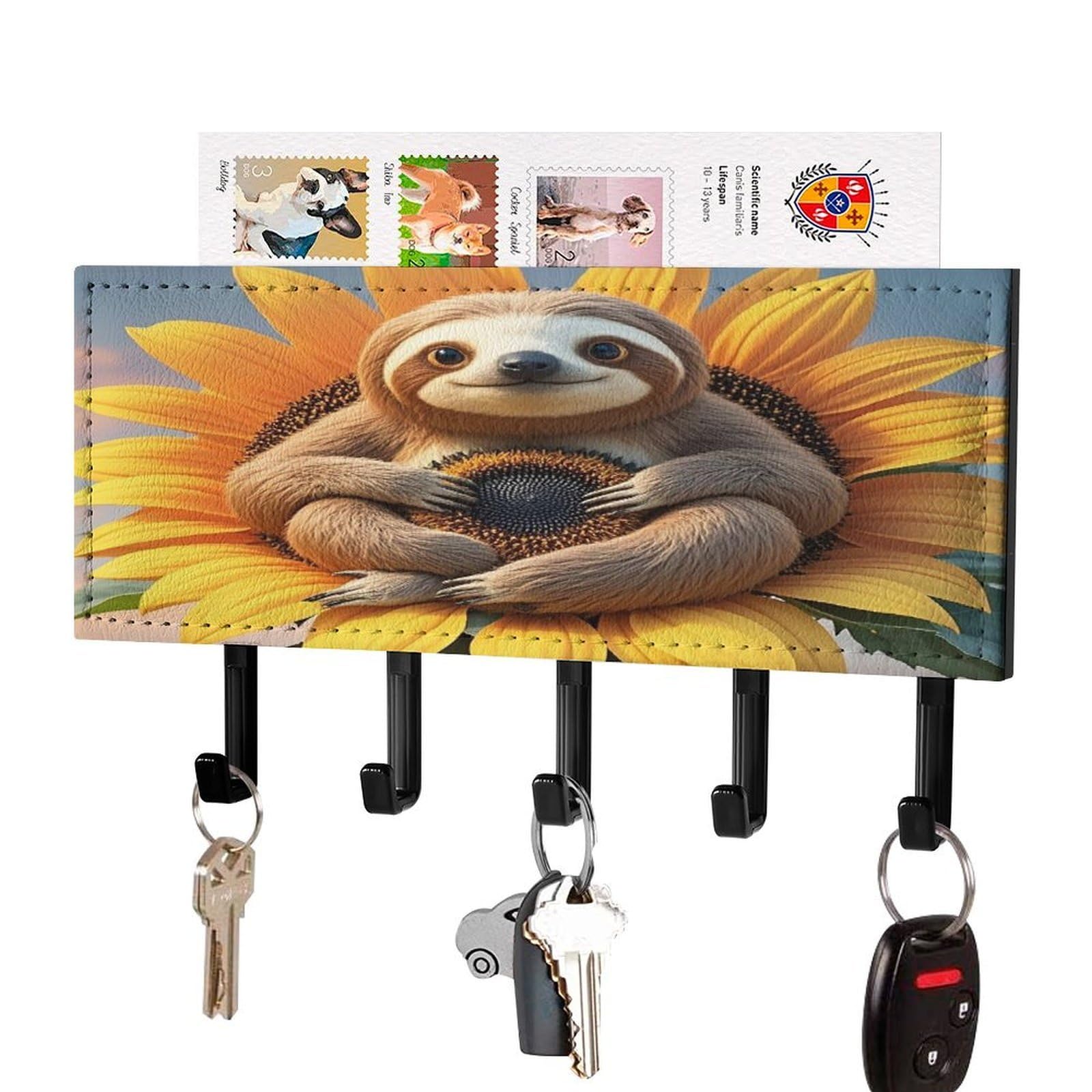 Vstadank Black-Style Sloth Sitting On Sunflower Key Holder For Wall Mount With 5 Hooks Decorative Key And Mail Holder Farmhouse Wall Hooks With Shelf Pu Leather Key Rack With Mail Holders For Entryway Home