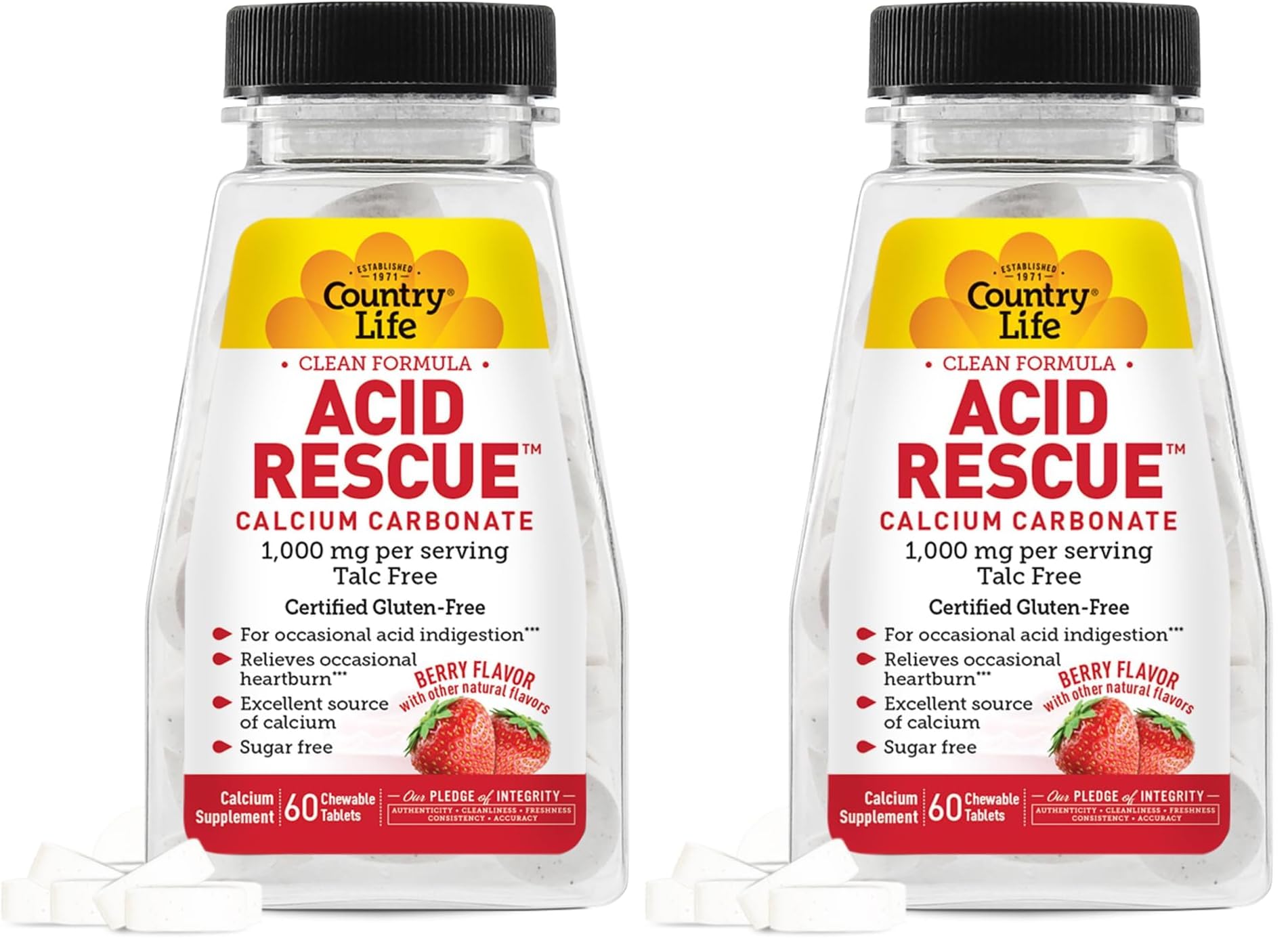 Country Life Acid Rescue Chewable Tablets - Certified Vegan &amp; Gluten-Free Heartburn Relief, 400mg Calcium &amp; Magnesium, Non-GMO, Sugar-Free Berry Flavor, Supports Bone Health, 60 Count (Pack of 2)