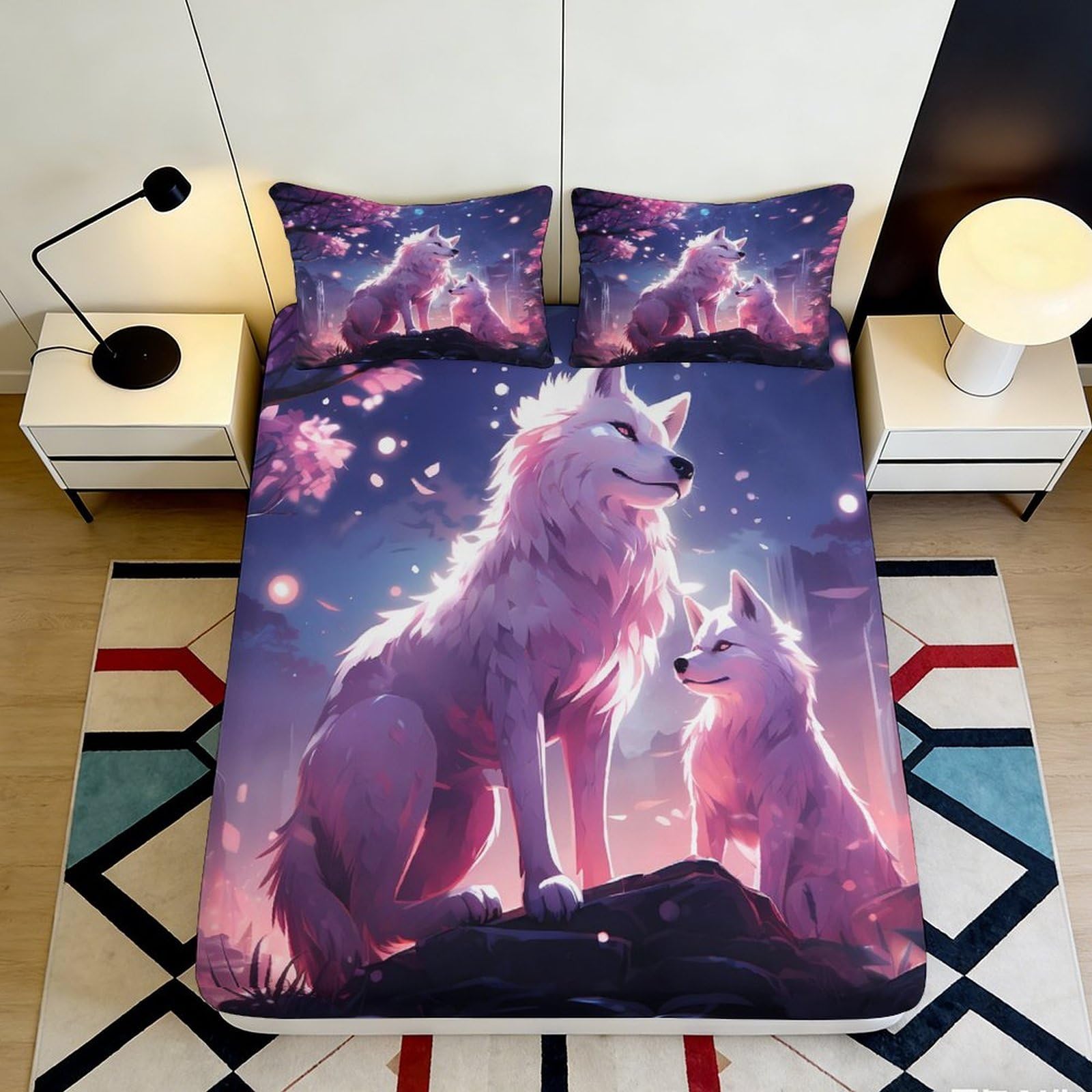 3D Printed Arctic Wolf Fitted Sheet Microfiber Deep Pocket Non-Slip Wolf Mattress Fitted Cover Bedroom Bedding for Adults Teens Washable 120x200x25cm
