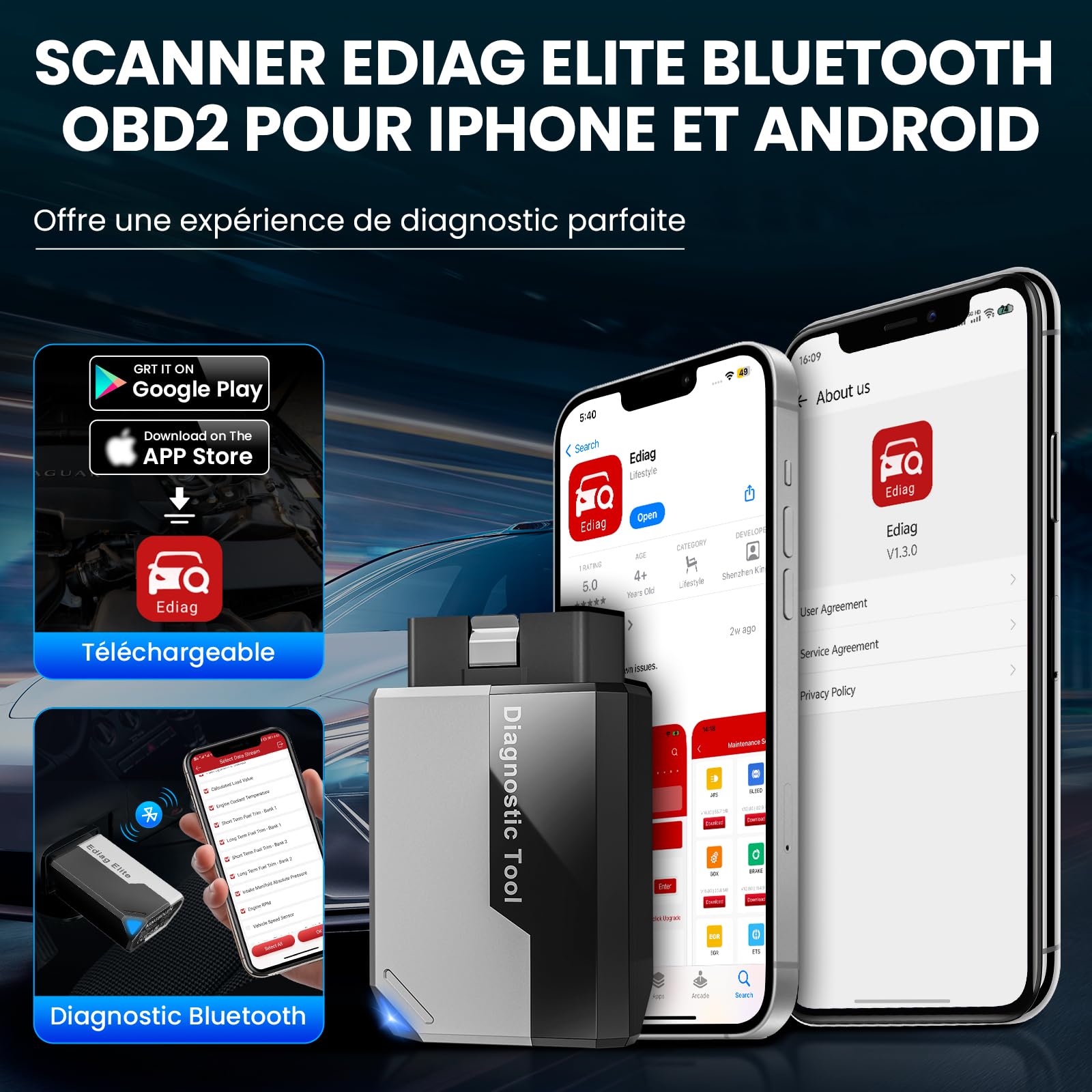 KINGBOLEN Ediag Elite Valise Diagnostic Auto Multimarque, OBD2 Diagnostic Voiture Français avec Test Actif, 15+ Services, Tous Les systèmes Diagnostic pour iOS et Android, Mise à Jour Gratuite à Vie