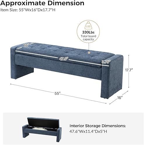 Miniatura 7 de HULALA HOME Banco otomano de almacenamiento de 55 pulgadas con diseño copetudo, banco de dormitorio decorativo para el extremo de la cama,