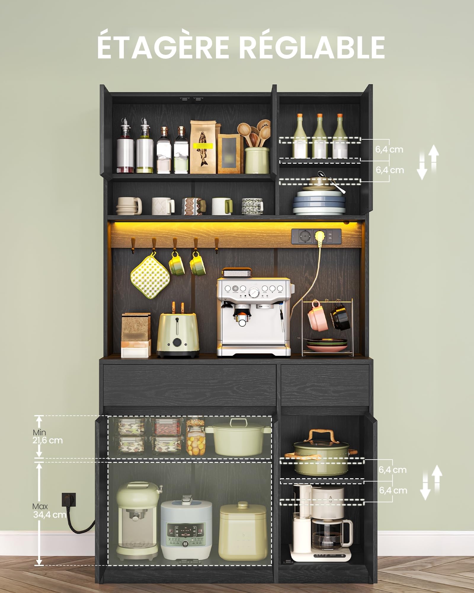 Hzuaneri Armoires Cuisine, Buffet, Haut Vaisselier avec Prises Électriques, avec Plans de Travail et Deux Tiroirs, Étagères Réglables, Cuisine, Salon, 100 x 40 x 180 cm, Noir, PT00204XEU