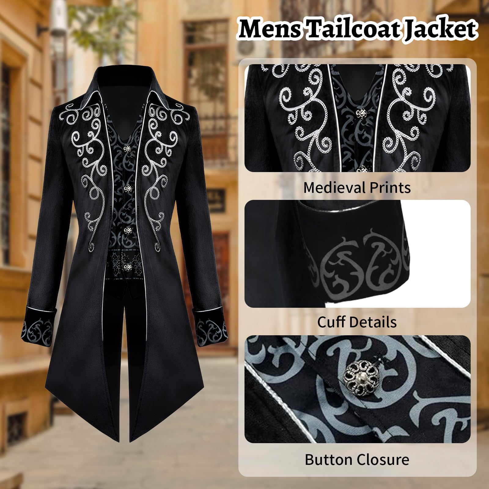 Men's Steampunk Vintage Tailcoat Jacket Gothic Tailcoat Coat Carnival Costumes,Medieval Clothing Men,Halloween Costume Men (Black, M) - Image 4