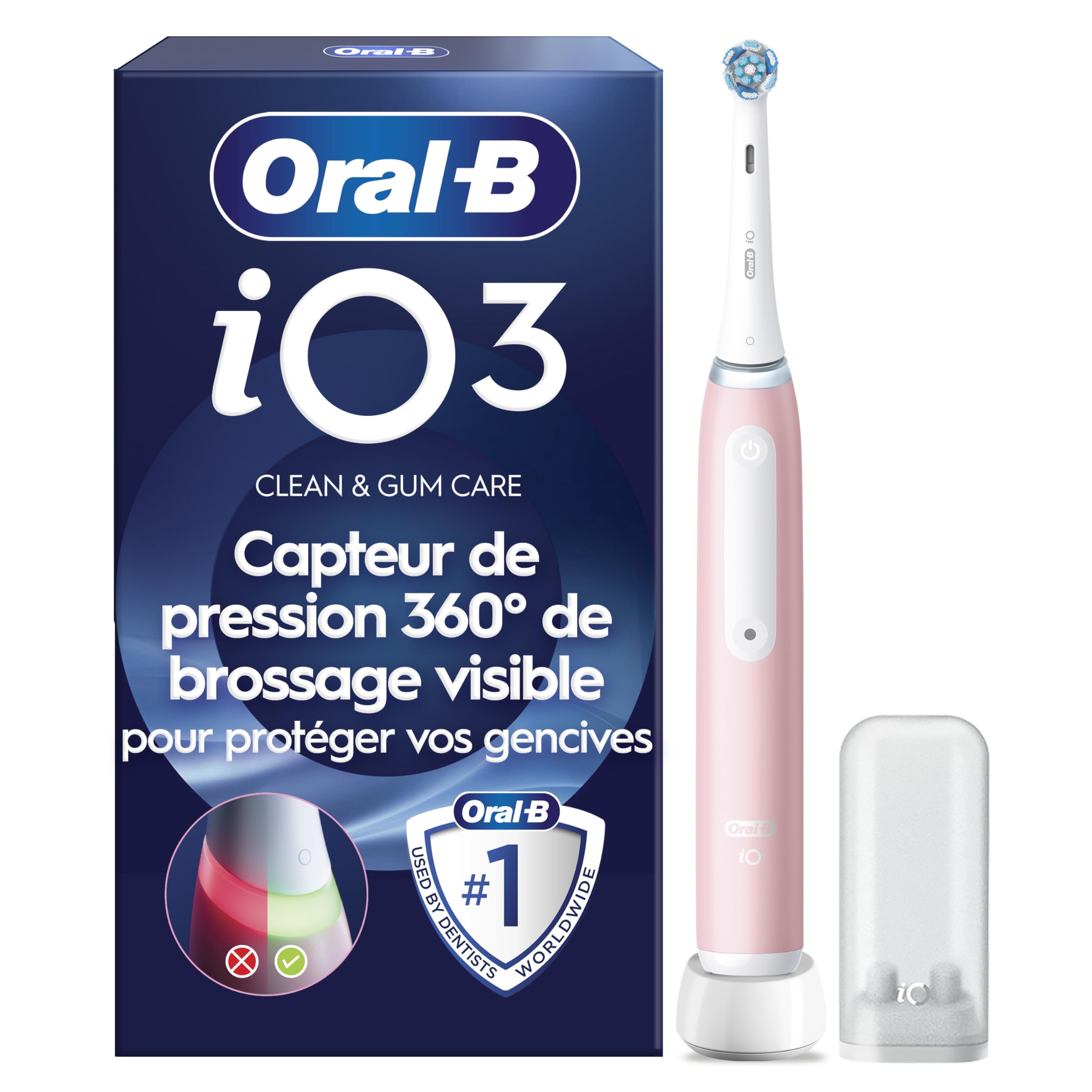 Oral-B Brosse à Dents Electrique iO 3 avec 1 Brossette de Rechange, Rose – 3 Modes de Brossage Silencieux dont Douceur et Blancheur, Capteur de Pression sur les Gencives, Batterie Rechargeable