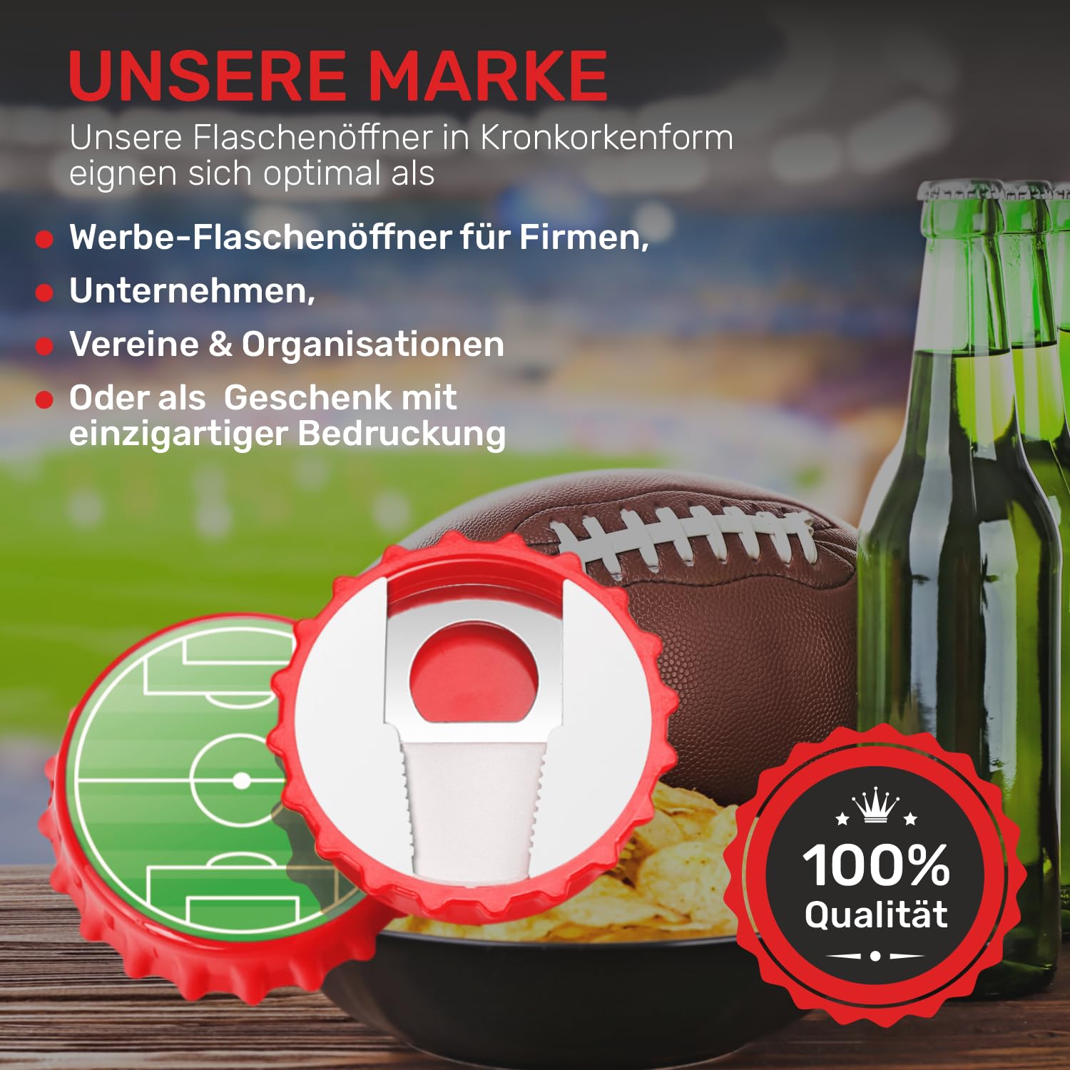 Personalisierter Kronkorken Flaschenöffner WEISS - 84 mm Durchmesser Wähle aus 4 Farben und 20 Schriftarten für den Druck. Eigene Logos auch möglich (Rot, 50)