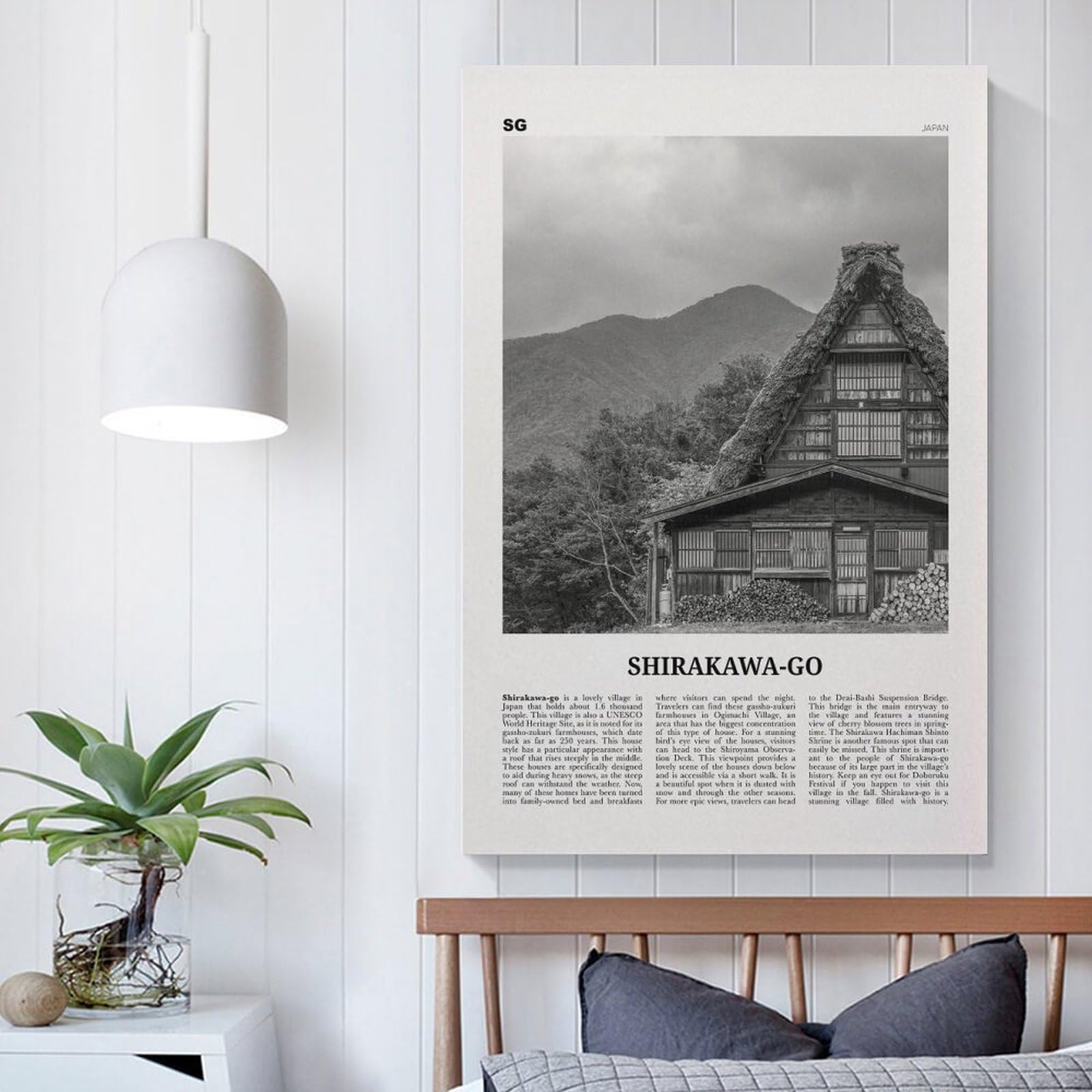 Shirakawa-go Imprimir Blanco y Negro, Shirakawa-go Arte de la Pared, Cartel de Shirakawa-go, Foto de Shirakawa-go decoración de Shirakawa-go Mapa de Shirakawa-go Japón Lienzo WA
