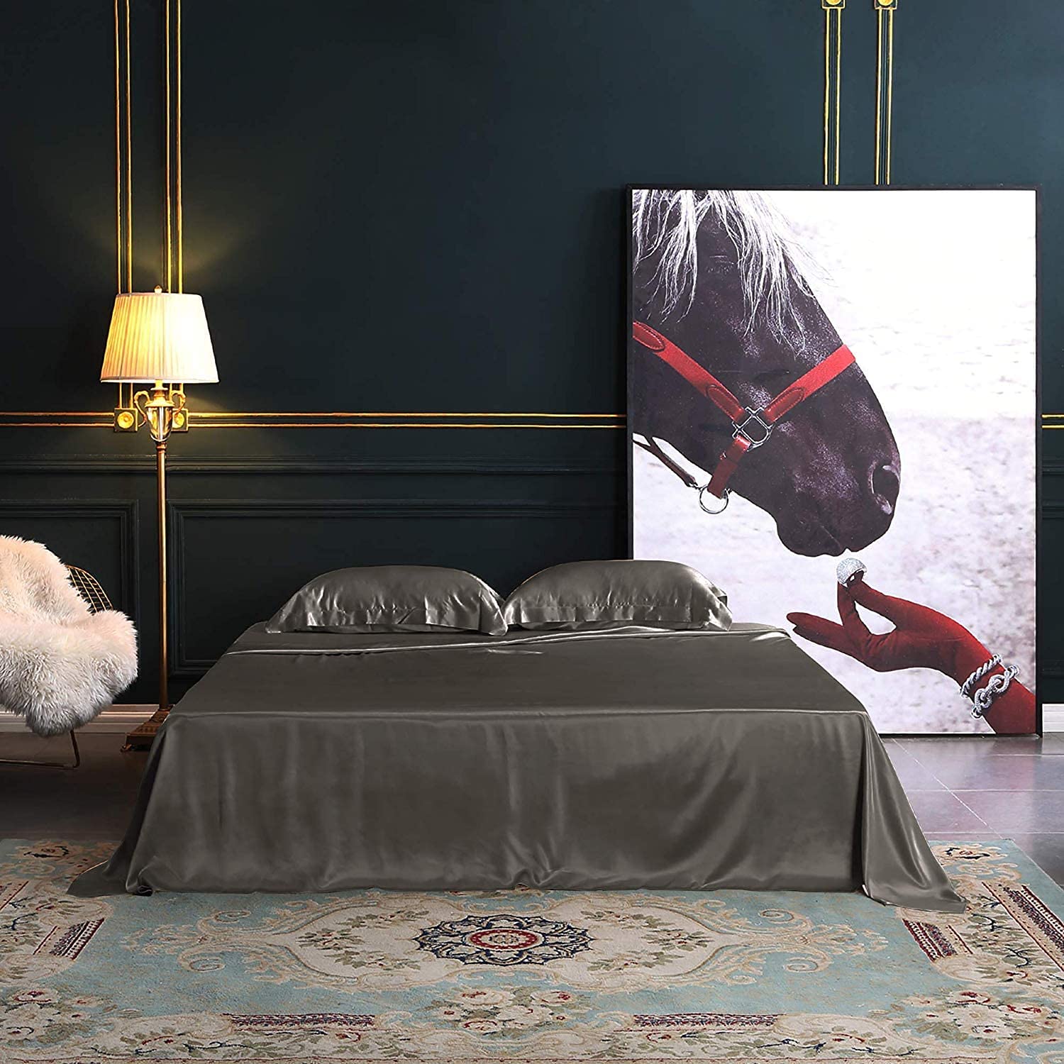 THXSILK4pcs Silk Bed Sheets Set, 25 Momme Mulberry Silk Bedding Set, Sheets and Pillowcase Set, Extremely Soft and Luxurious (Charcoal, King) (Charcoal, King)