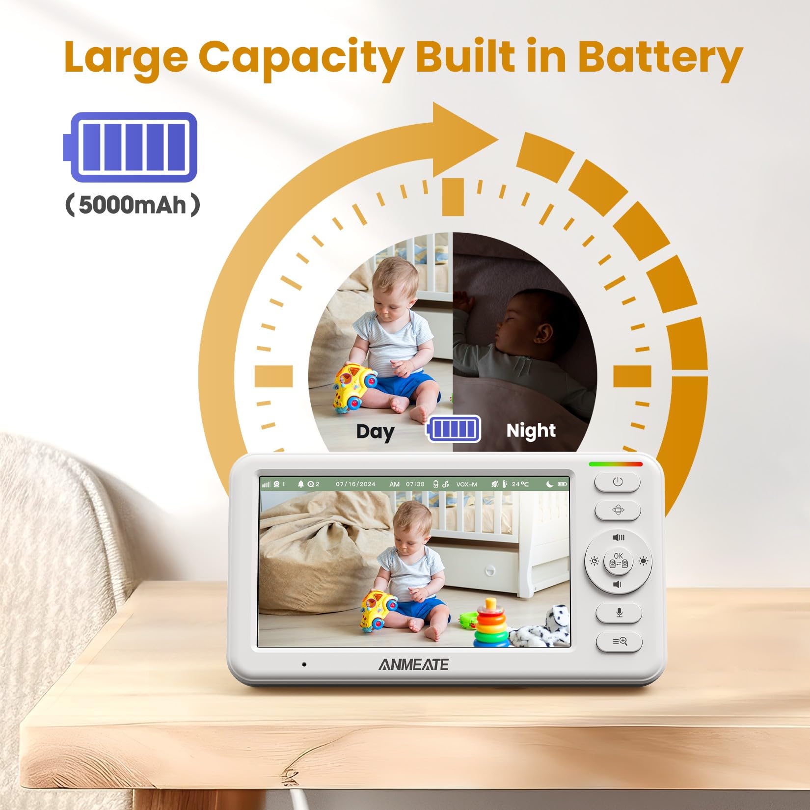 Moniteur bébé avec caméra et audio: caméra bébé 720p sans WiFi, affichage HD 5 pouces, panoramique à distance, inclinaison et zoom, 48 heures d'autonomie de la batterie, vision nocturne HD