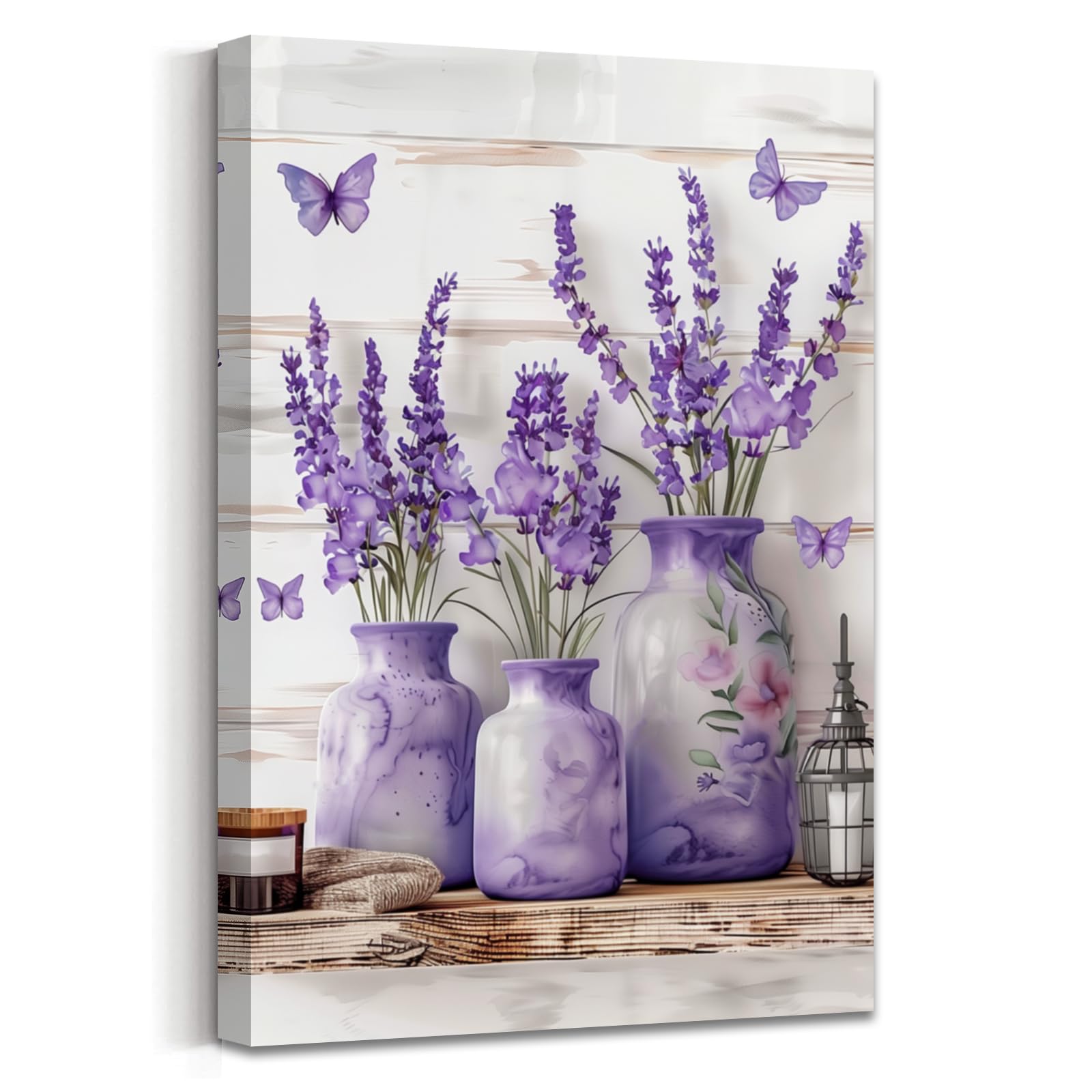 AWPANERAR Lavender Pictures Bathroom Wall Decor Purple Floral with Butterfly Canvas Prints Flower in a Vase Poster Rustic Farmhouse Kitchen Decor