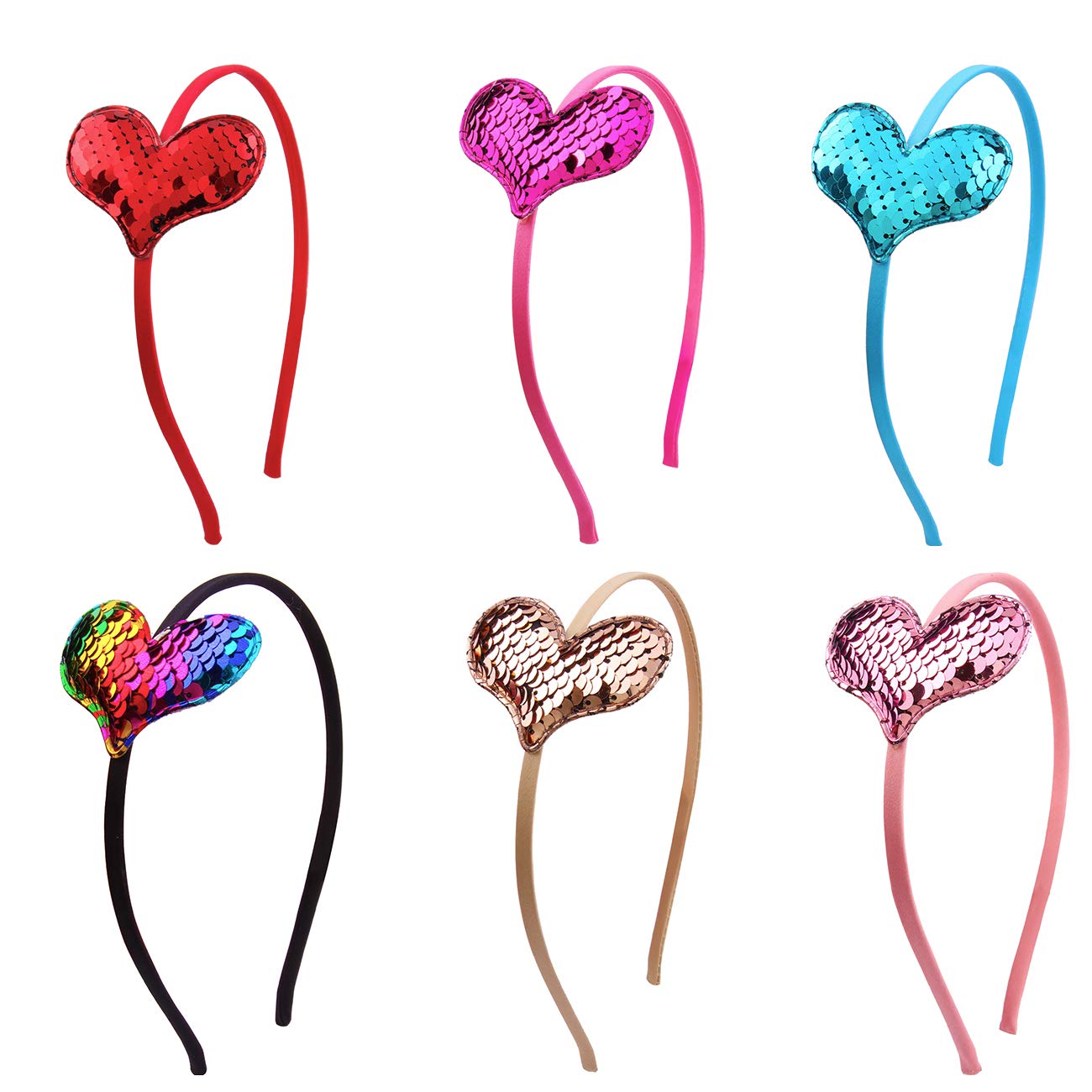 Candygirl 6Pcs Heart Headband for Girls Women Cute Valentines Red Hearts Glitter Sequin Hairbands Toddler Kids Holiday Gift