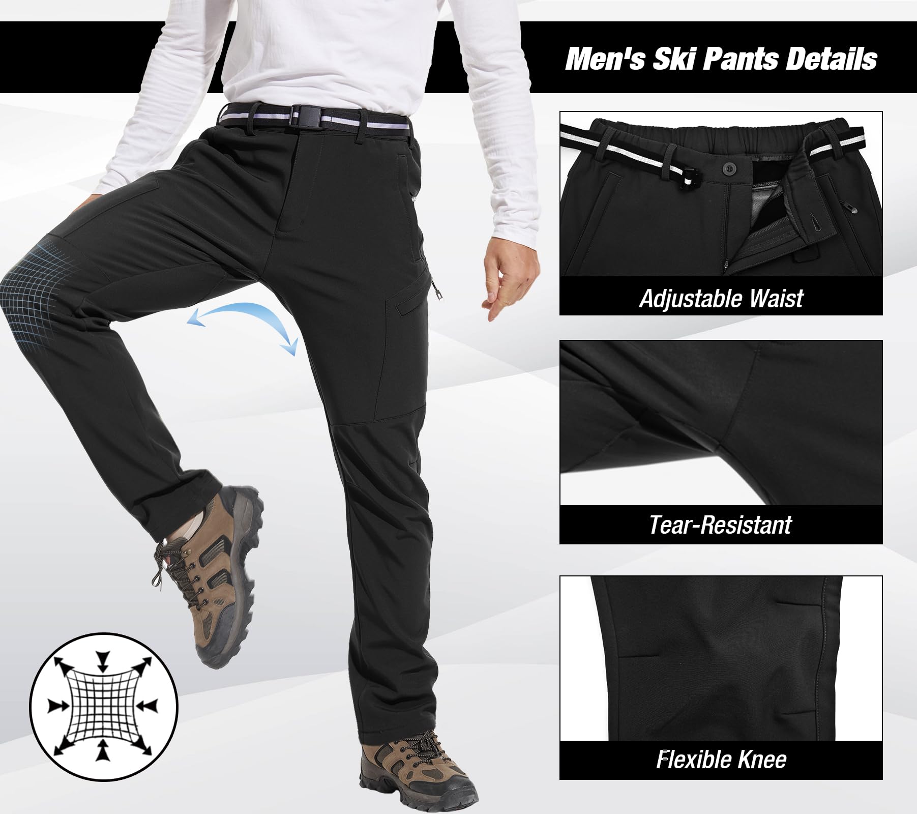 MOURCE Fleecegefütterte Schneewanderhose wasserabweisend isolierte Winter-Skihose mit 6 Reißverschluss-Taschen