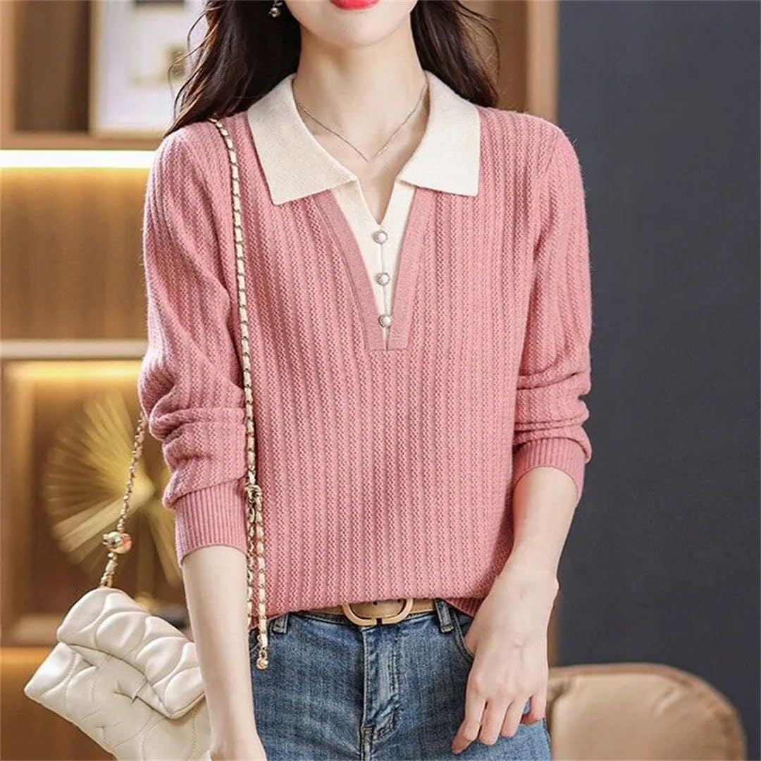 Abbigliamento da donna Turn Down Collar Falso Due Pezzi Maglioni Inverno Pulsante Patchwork Casual Manica Lunga Maglia Top