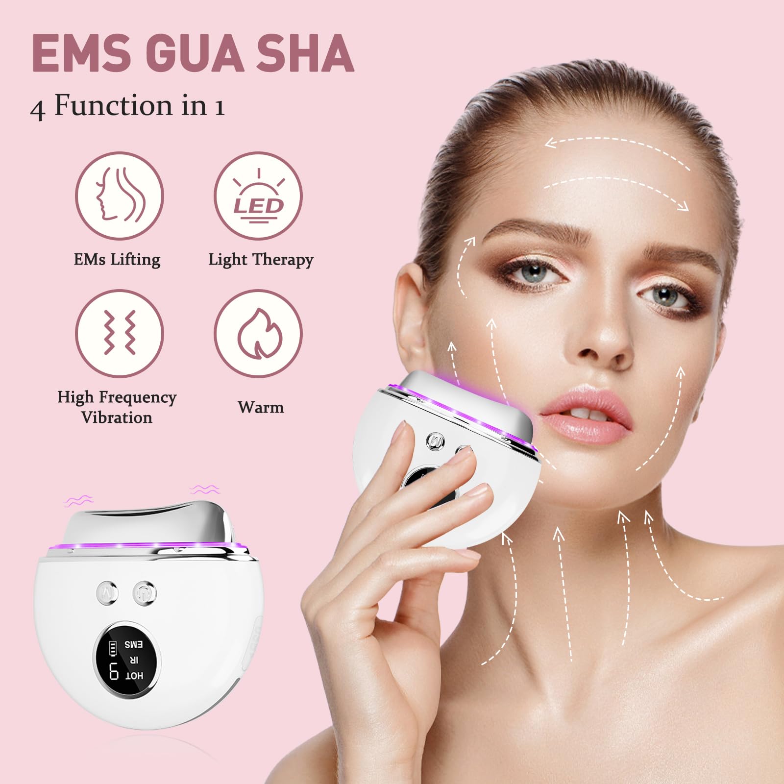 EMS Gua Sha urządzenie do masażu twarzy, 4 tryby, urządzenie zapobiegające zmarszczkom, niebieskie, fioletowe, czerwone światło do twarzy, zimne ciepło, urządzenie do masażu twarzy, 9 poziomów