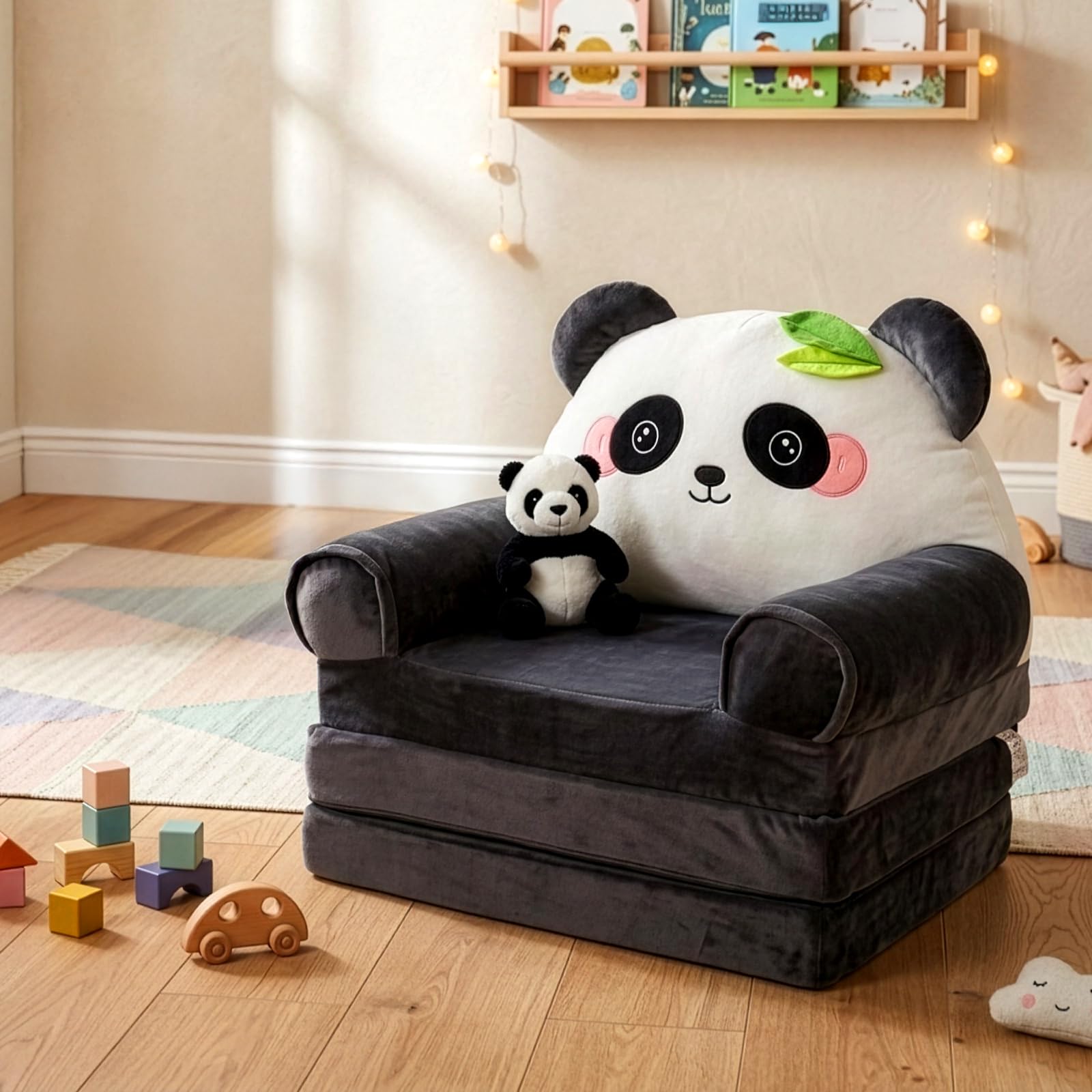Klappbares Kinder Sofa 3-in-1, Kinder Bodensofa mit hochdichtem 30D Schaumstoff, Faltbares Lazy Sofa mit abnehmbarem Waschbarem Bezug, Platzsparender Sofa Sessel & Schlafsofa (Panda)