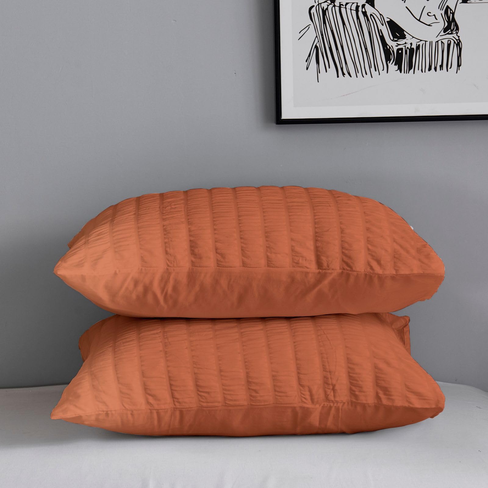 Freyamy Seersucker Kissenbezug 40x80cm 2er Set Karamell Geprägt Streifen Strukturiert Chic Kopfkissenbezug 100% Microfaser Weiche Kissenhülle Bequem Kissenbezug mit Reißverschluss