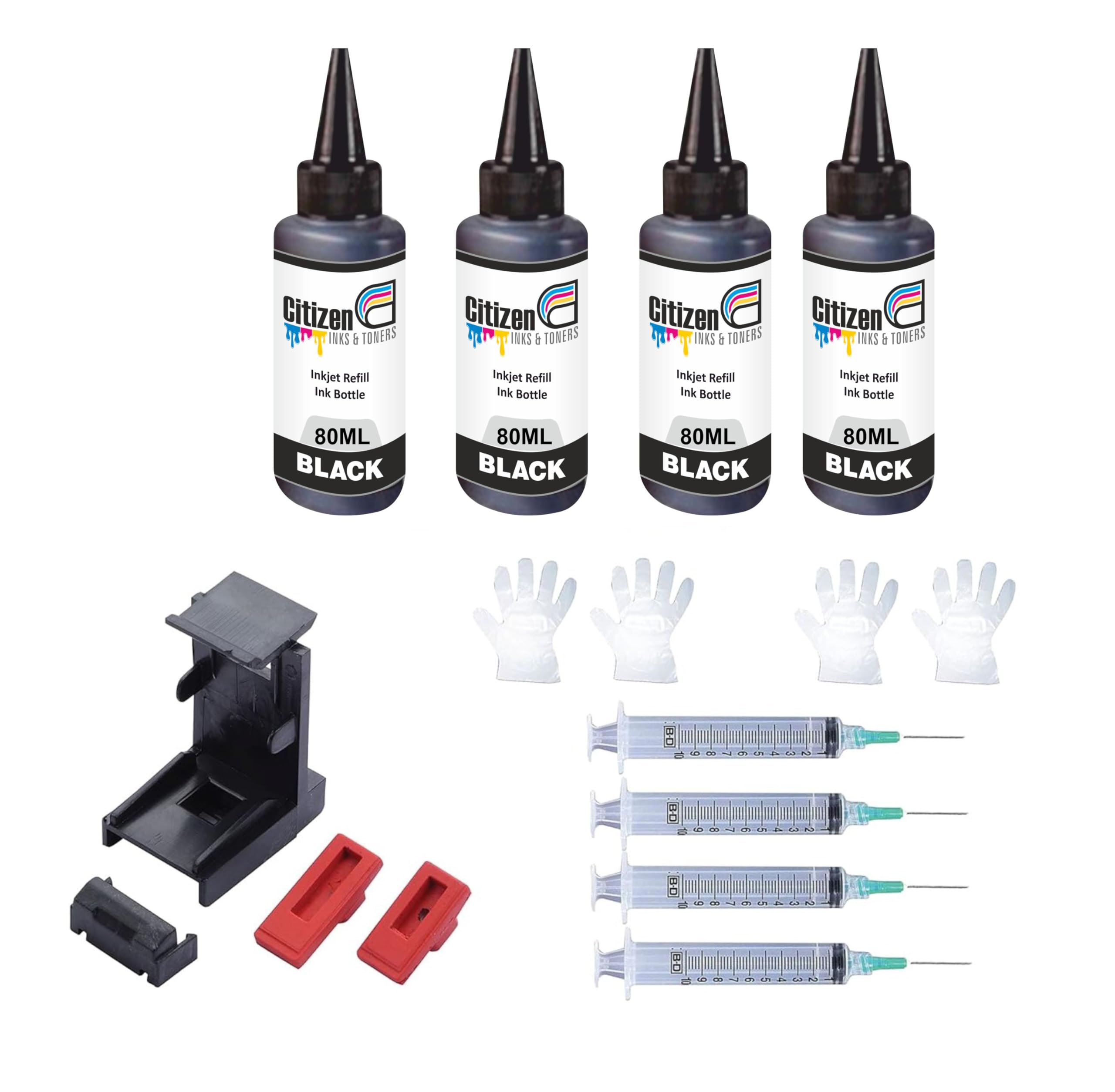 Refill Kit with Suction Tool Combo Pack of High Yield Inkjet Cartridge Ink Refill Compatible for HP and Canon Cartridge Printers - 80ml Per Bottle (4 Black+4 Syringe 1 Suction Tools)