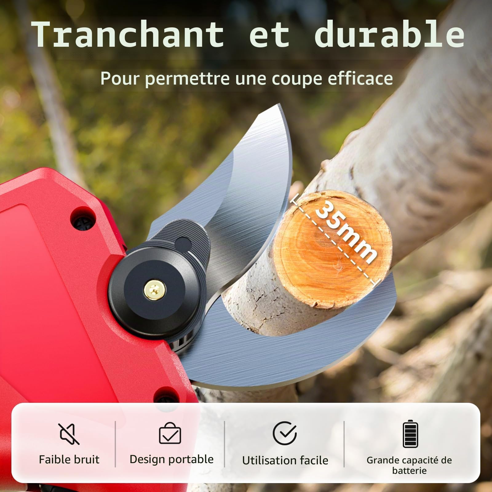 Secateur Electrique Sans Fil 35mm, Sécateur de Jardin avec 2 Batteries et Écran LCD, Lames Sharp Sk5, Moteur Sans Balais, Sécateur Électrique pour Jardinage, Vigne, Arbre Fruitier (Rouge)