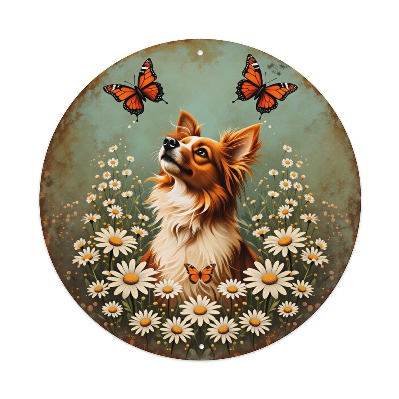 Dog Butterflies Daisies Nature Art Round Tin Sign Vintage Style Metal Sign Home Bar Garden Wall Plaque Decor Metal Poster 8x8 Inch