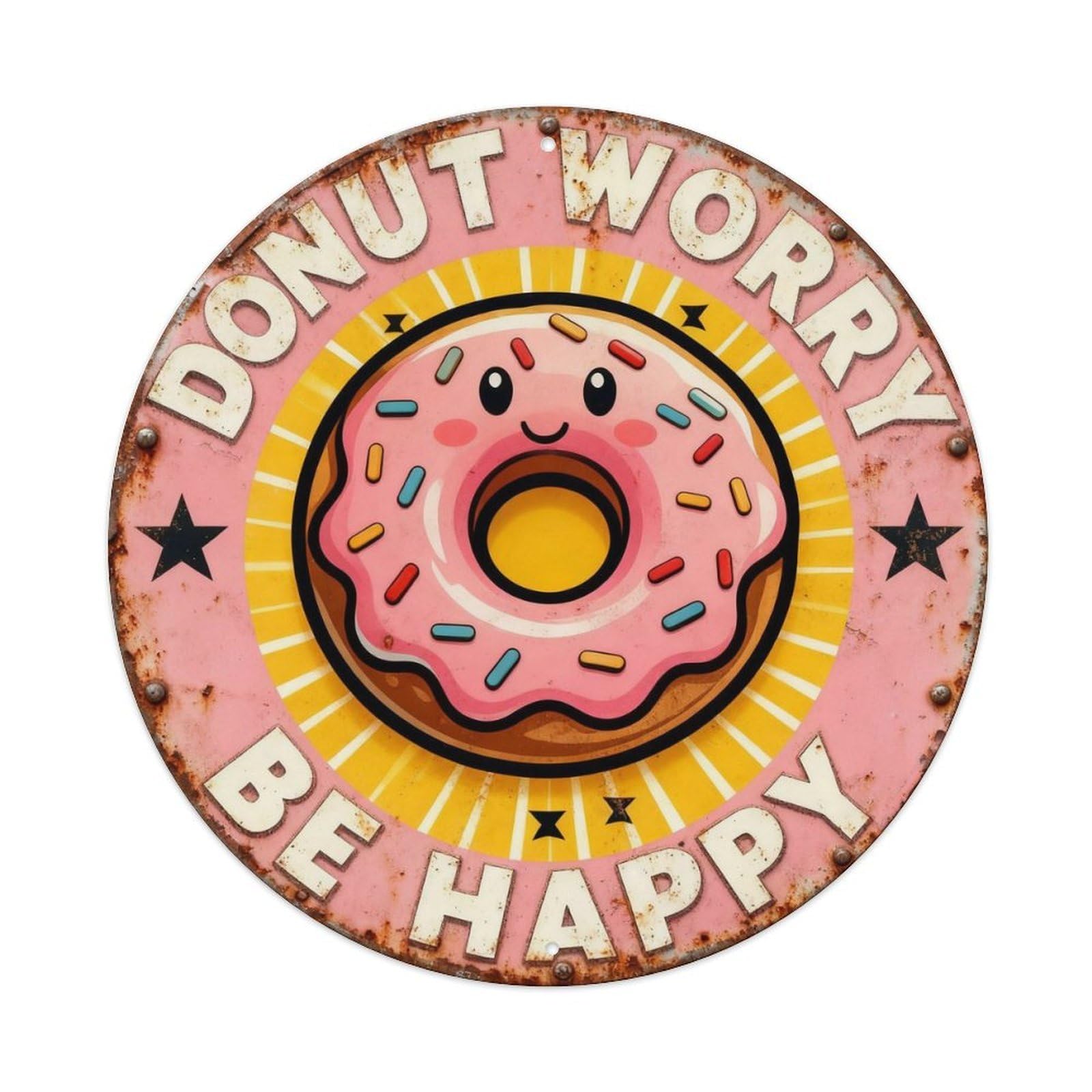 Vintage Donut Worry Be Happy Metal Tin Sign Plaque