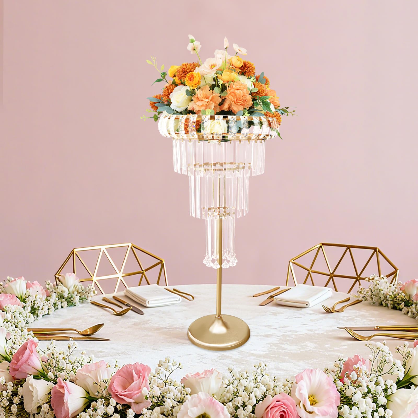 Supporto per fiori a 4 livelli in metallo con ciondoli in cristallo, oro/argento, moderno supporto per piante per matrimoni ed eventi, vaso da fiori per interni ed esterni, altezza 82 cm