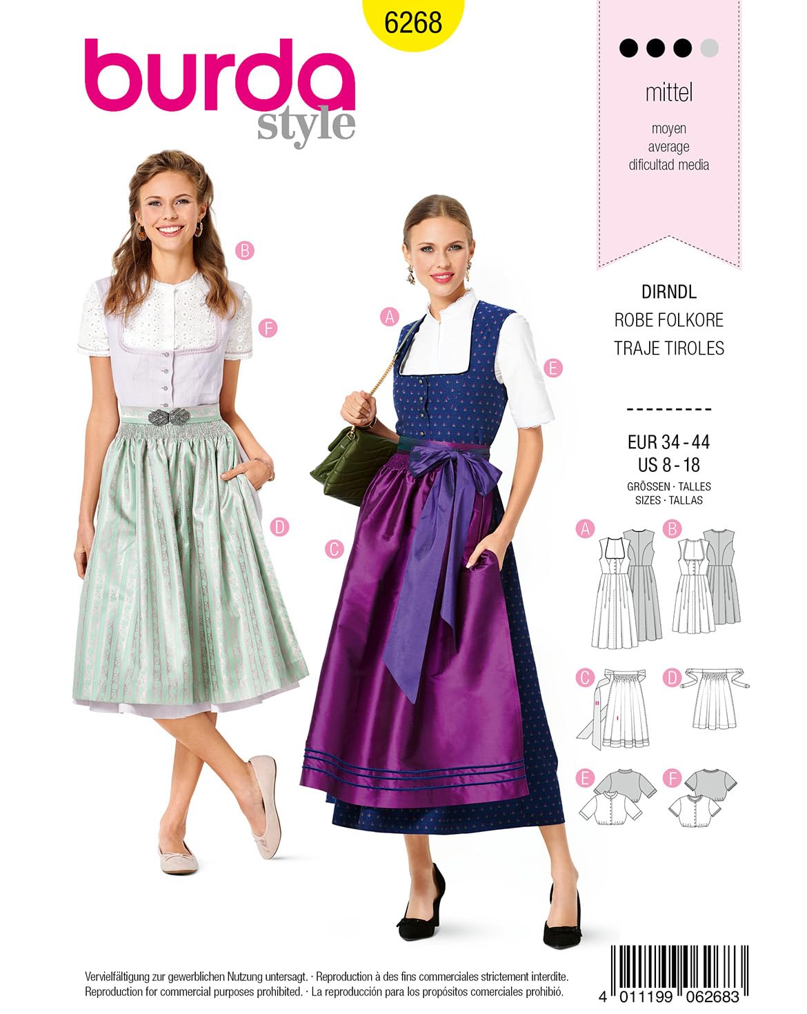 Burda Style Schnittmuster #6268 – Damen-Dirndl in 2 Längen mit Bluse und Schürze (Gr. 36–46)