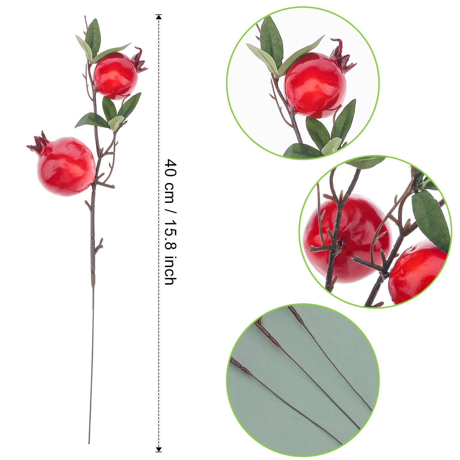 Quancru 3pcs Large Fake Pomegranate Branches Realistic Artificial Red Berry Stems Decoration DIY Vase Office Table Craft Photography