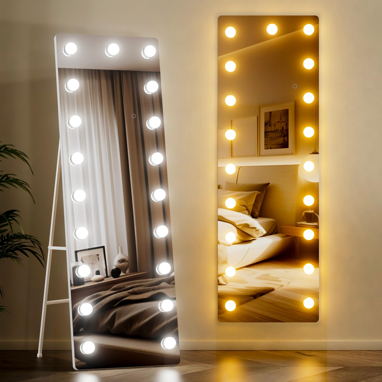 57X18 Inch Hollywood Full Length Mirror with Lights, LED Floor Mirror Light White Metal Frame, Dimming&3 Color Modes LED Full Body Dressing Stand and Wall Mounted Long Mirror