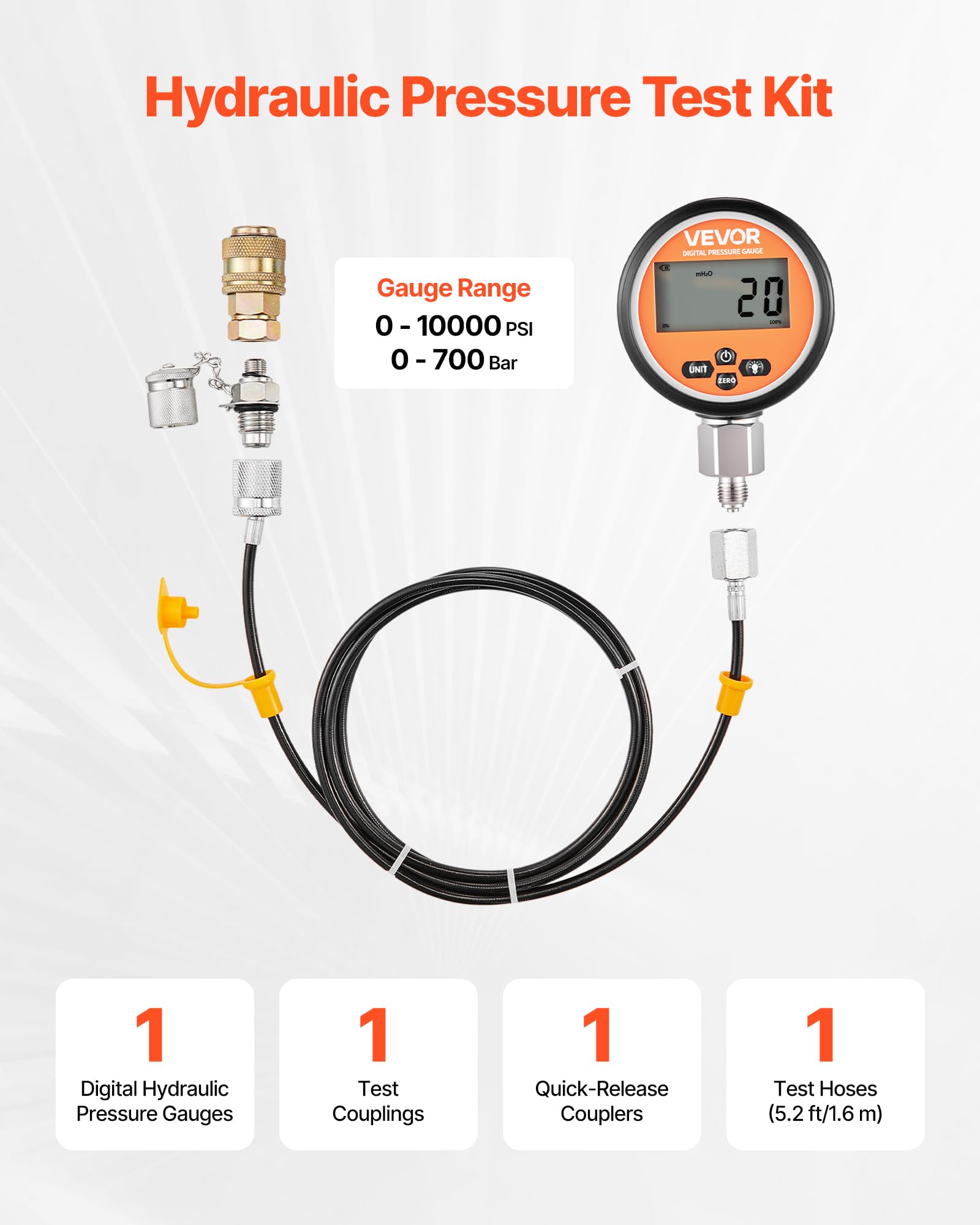 VEVOR digitales Hydraulikdruck Testkupplungsset, 10000 PSI Druckmessgerät Manometer Tester mit 1 Manometer & 1 Testkupplung & 1 Schnellkupplung & 1 Schlauch für Bagger Baumaschinen