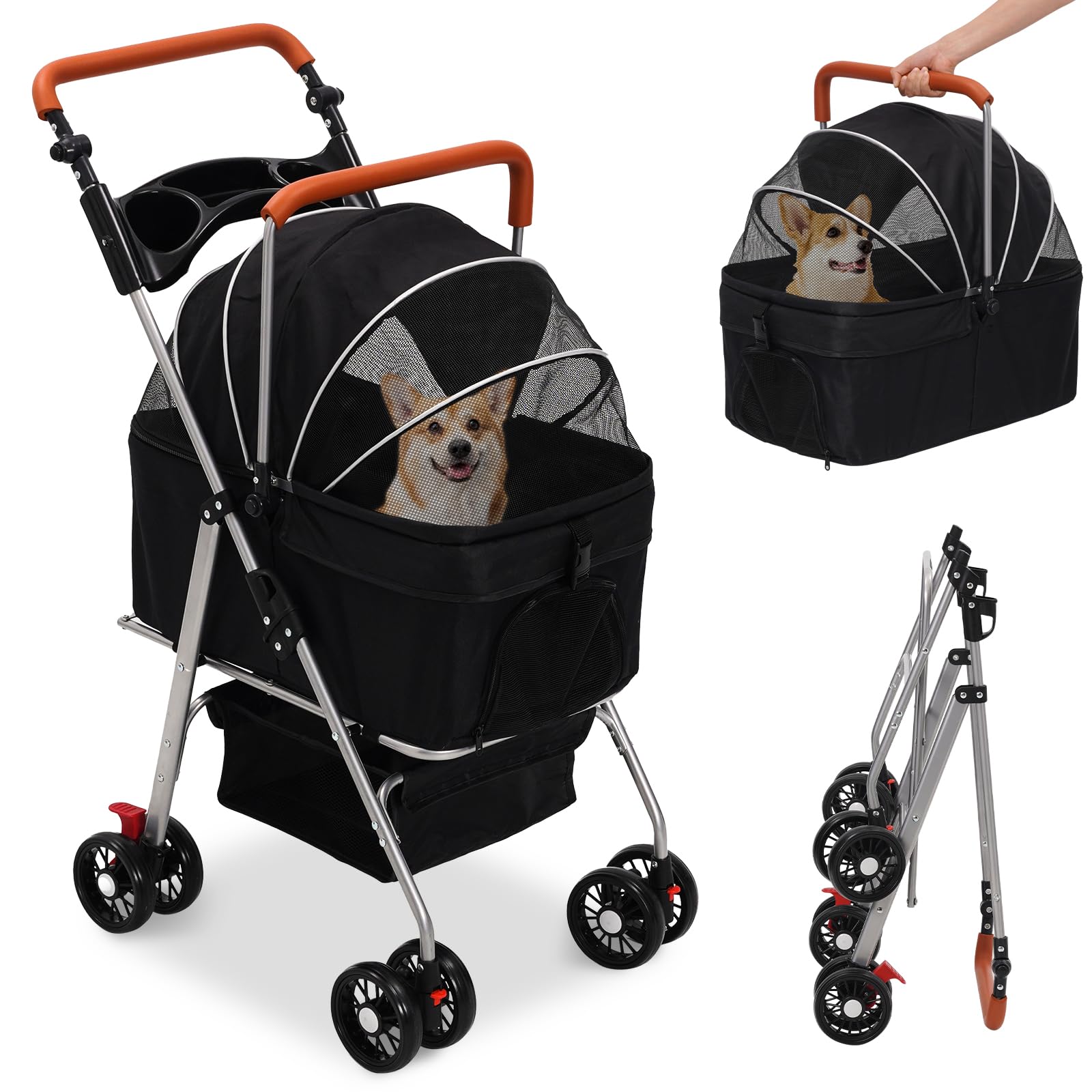 Cochecito para Perros 3 en1,Carro Perro Plegable,Hasta 20kg, Carrito Perro Con Rueda Universal de 360° con Freno,Cesta de Almacenamiento,Ventana de Malla,Portavasos y Asa Ajustable,para Perros Gatos