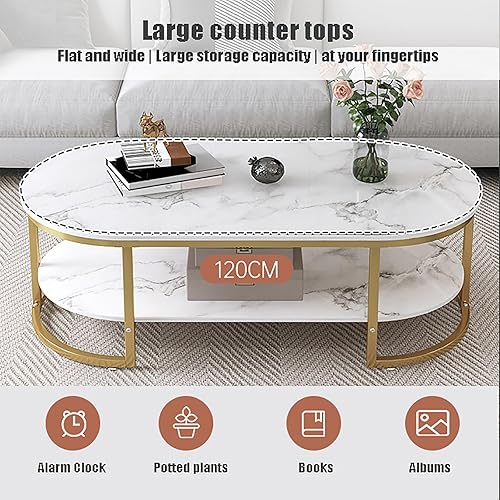 Miniatura 4 de Mesa auxiliar moderna de mármol sintético, mesa de centro ovalada, mesa de centro de madera con almacenamiento abierto, mesa auxiliar minimalista
