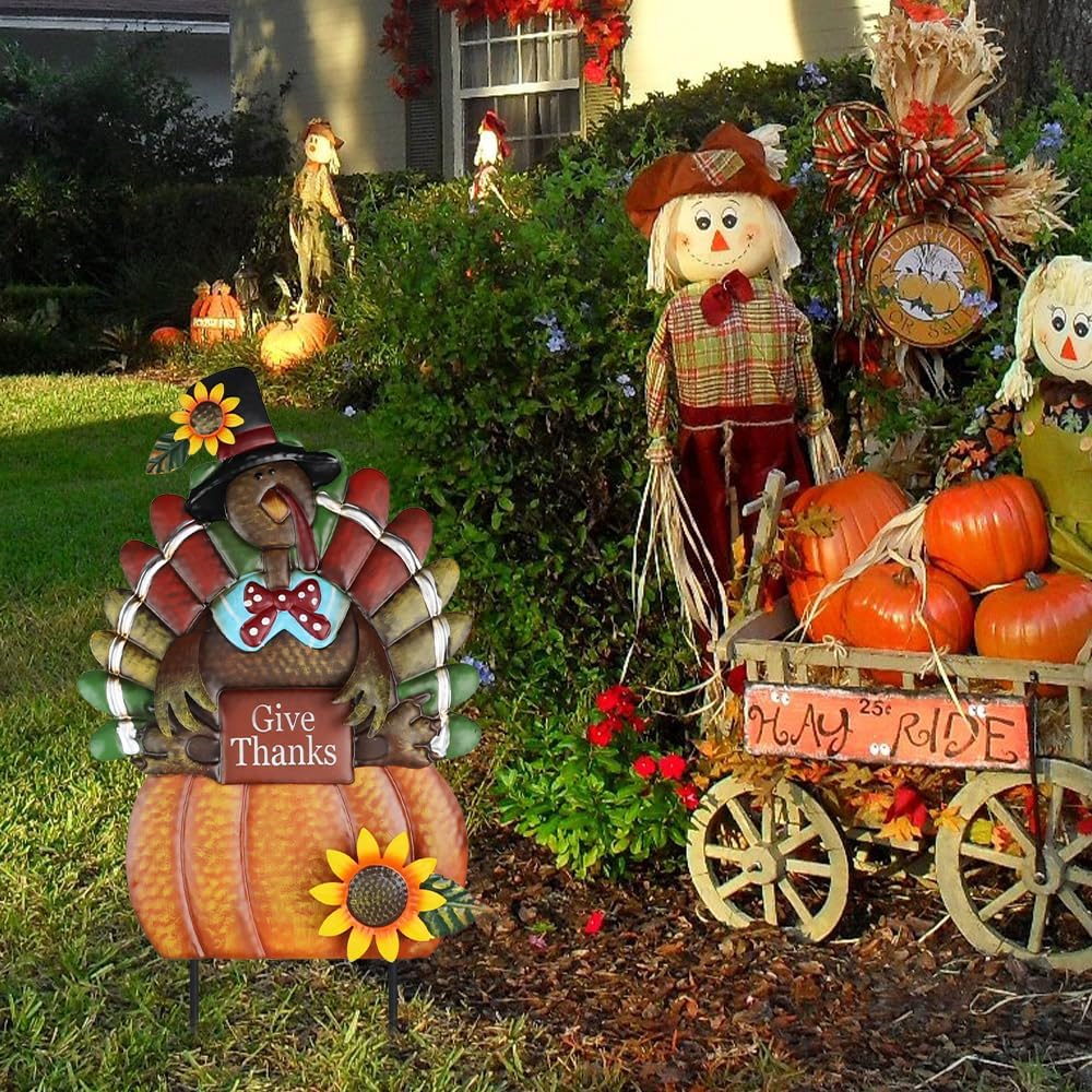 hogardeck Fall Decorations for Home Outdoor, Metal Turkey Decorative Garden Stakes with Pumpkin Sunflower for Fall Decor, Yard Signs for Garden Home Lawn Patio Thanksgiving Decorations