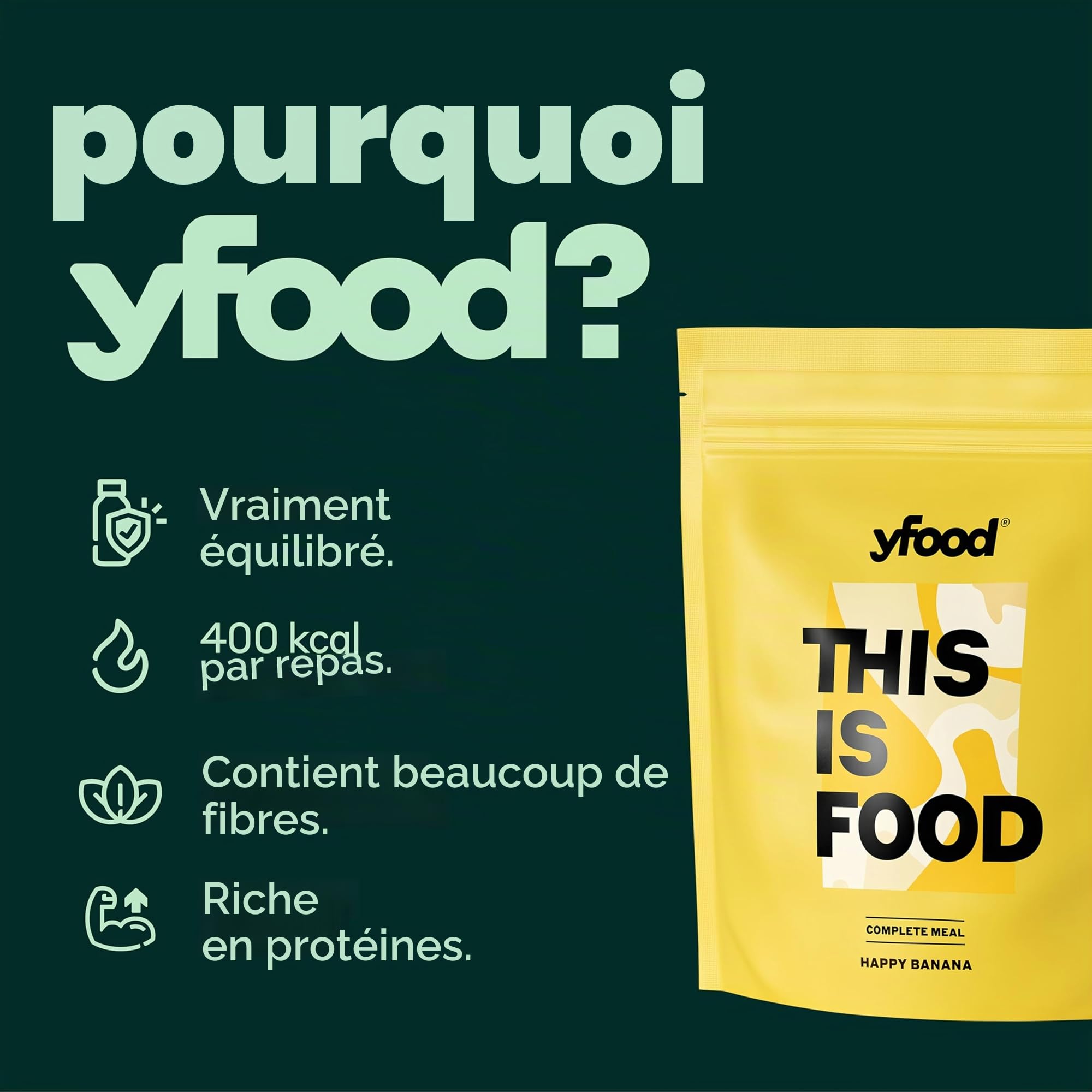 yfood Poudre Happy Banana, délicieux repas à boire pour les déplacements, en poudre, 25 g de protéines, 26 vitamines et minéraux, goût : banane