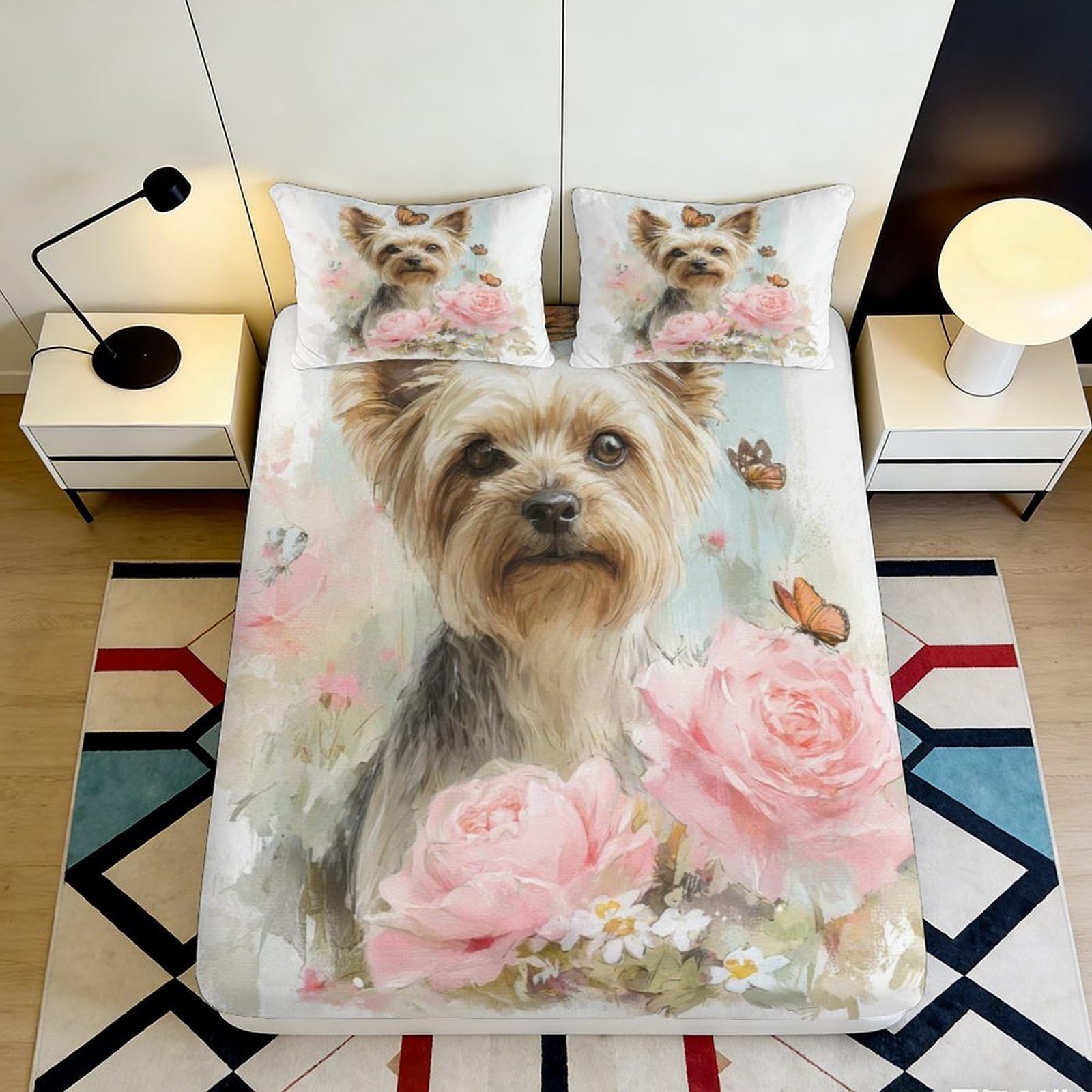 3D Printed Yorkshire Terrier Fitted Sheet Microfiber Floral Butterfly Mattress Cover for Bedroom Guest Room Dorm Bed Decor, Easy Care 90x200x25cm