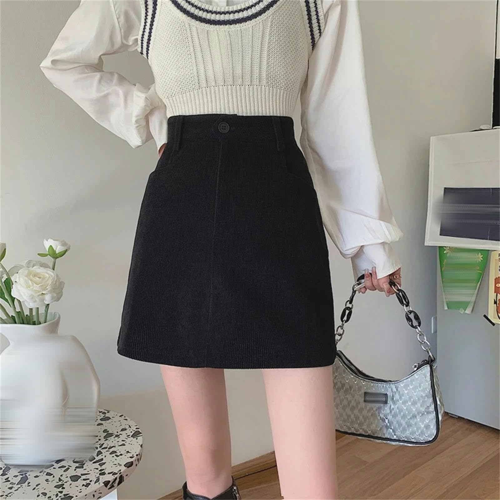 Spódnica sztruksowe spódnice damskie ciepły design zamek błyskawiczny z guzikami linia A mini spódniczka moda uliczna czarna bodyconskirt-czarny-S