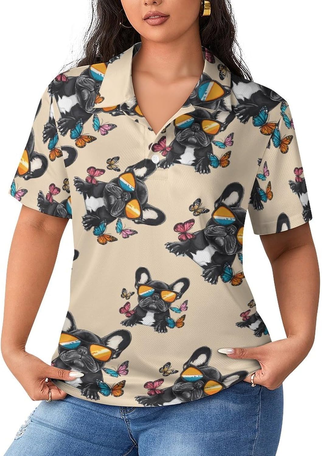 French Bulldog Womens Golf Polo Shirts Summer Short Sleeve Collared 3 Buttons T Shirt Activewear Tops