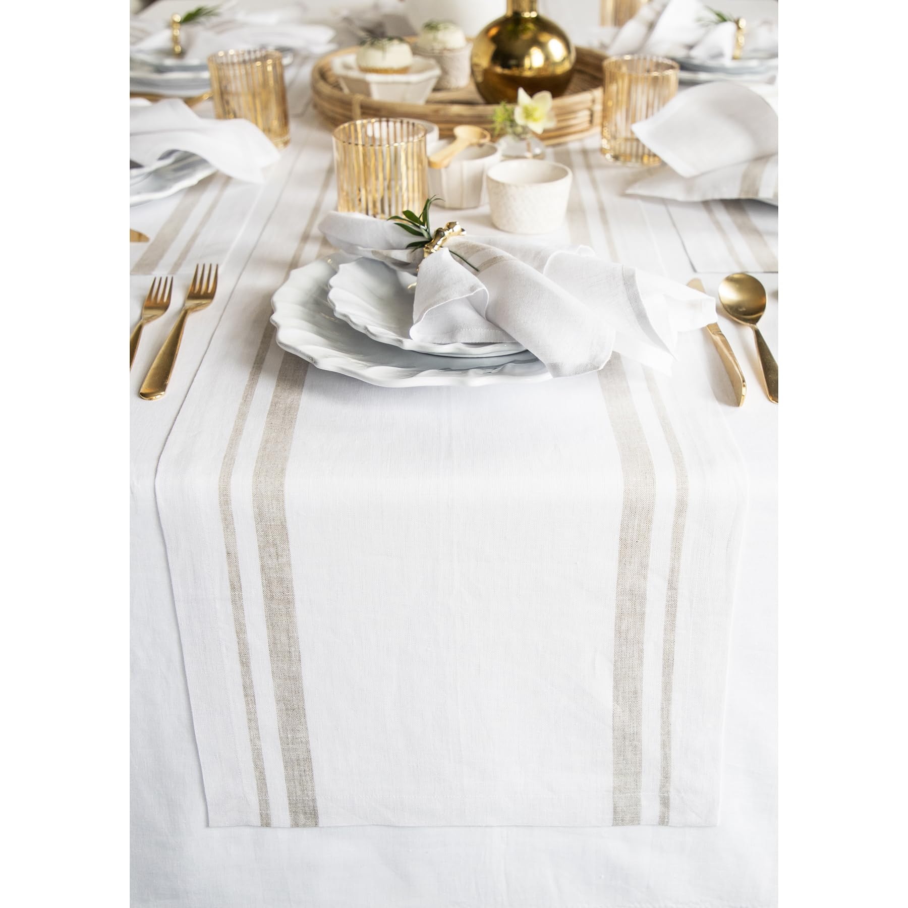 Solino Home French Stripe Linen Table Runner 120 inches Long – 100% Pure Linen 14 x 120 Inch Extra Long Table Runner, Natural and White – Farmhouse Dining Table Runner for Christmas, Winter
