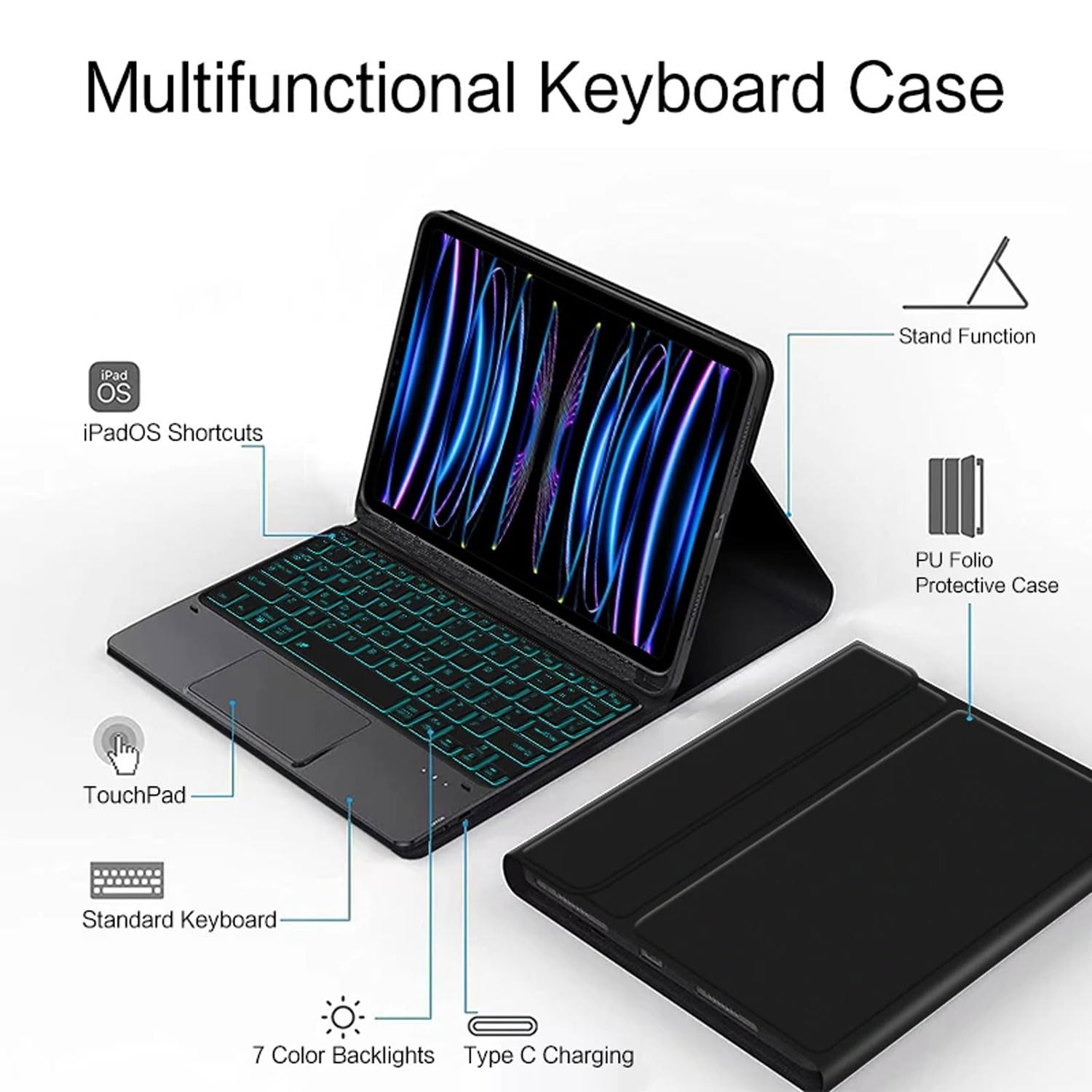 Funda con Teclado para Microsoft Surface Pro 7 Plus/Pro 7/ Pro 6/ Pro 5/ Pro 4 De 12,3 Pulgadas Tableta, Panel Táctil Retroiluminado De 7 Colores, Teclado Inalámbrico Desmontable con Ratón
