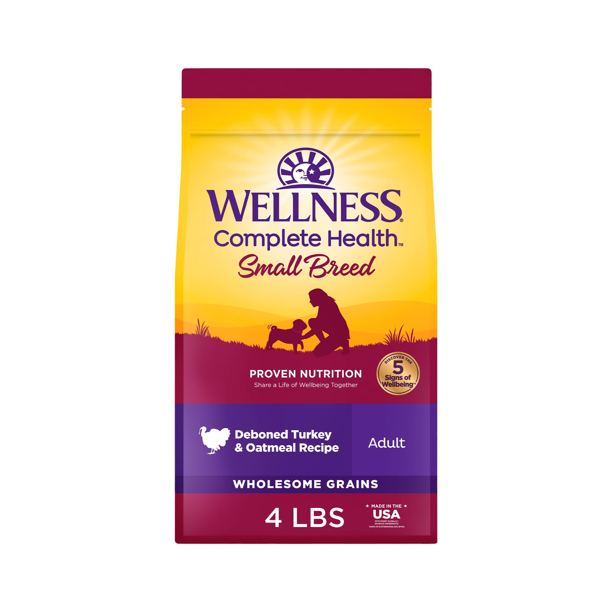 Wellness Complete Health Small Breed Dry Dog Food with Grains, Natural Ingredients, Made in USA with Real Turkey, For Dogs Up to 25 lbs, (Adult, Turkey & Oatmeal, 4-Pound Bag)
