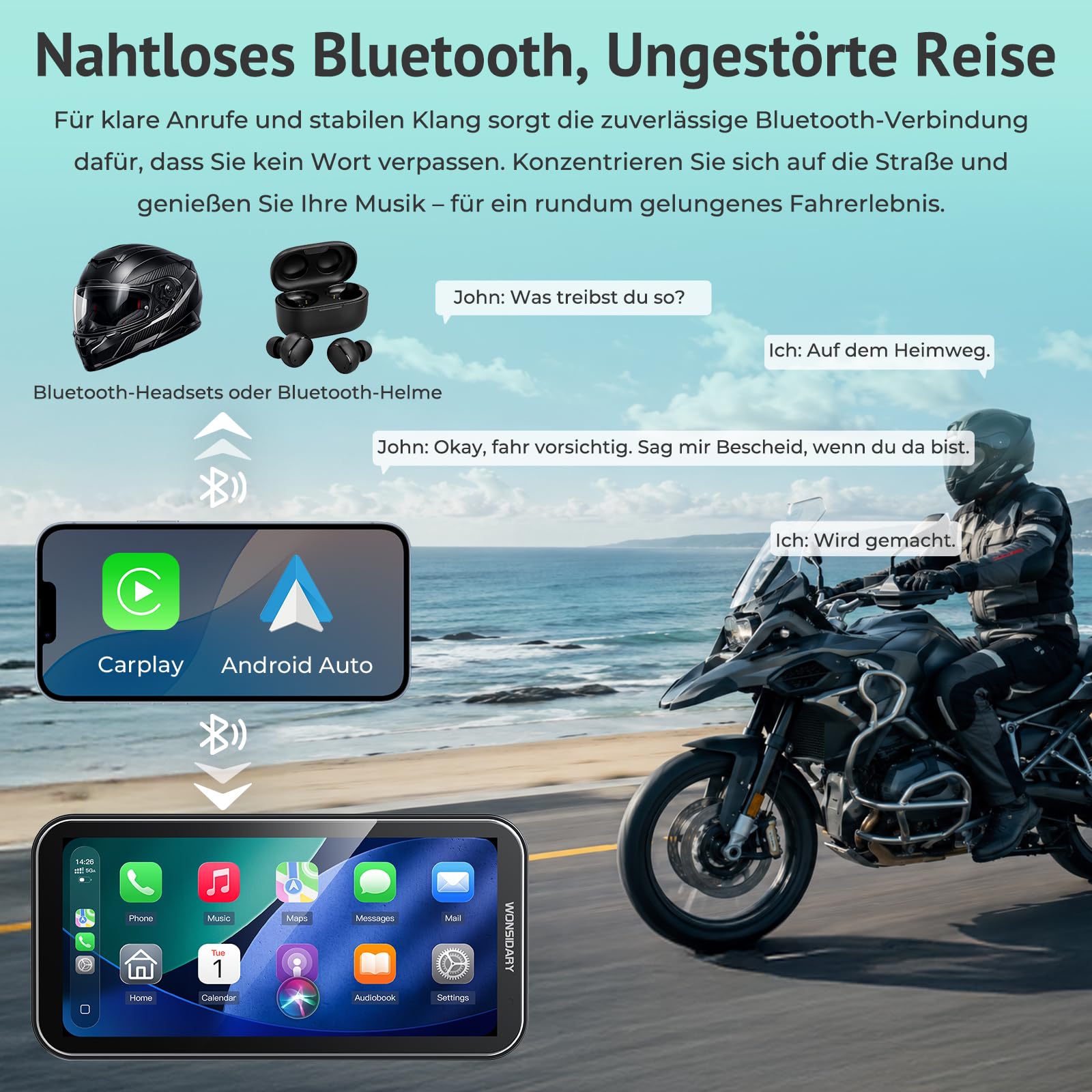Motorrad CarPlay Display mit TPMS, Android Auto & Wasserdicht | 6,25 Zoll Motorrad Navi mit Lichtsensor, Dual-Bluetooth, OTA Updates, USB und ACC Anschluss für Motorradtouren